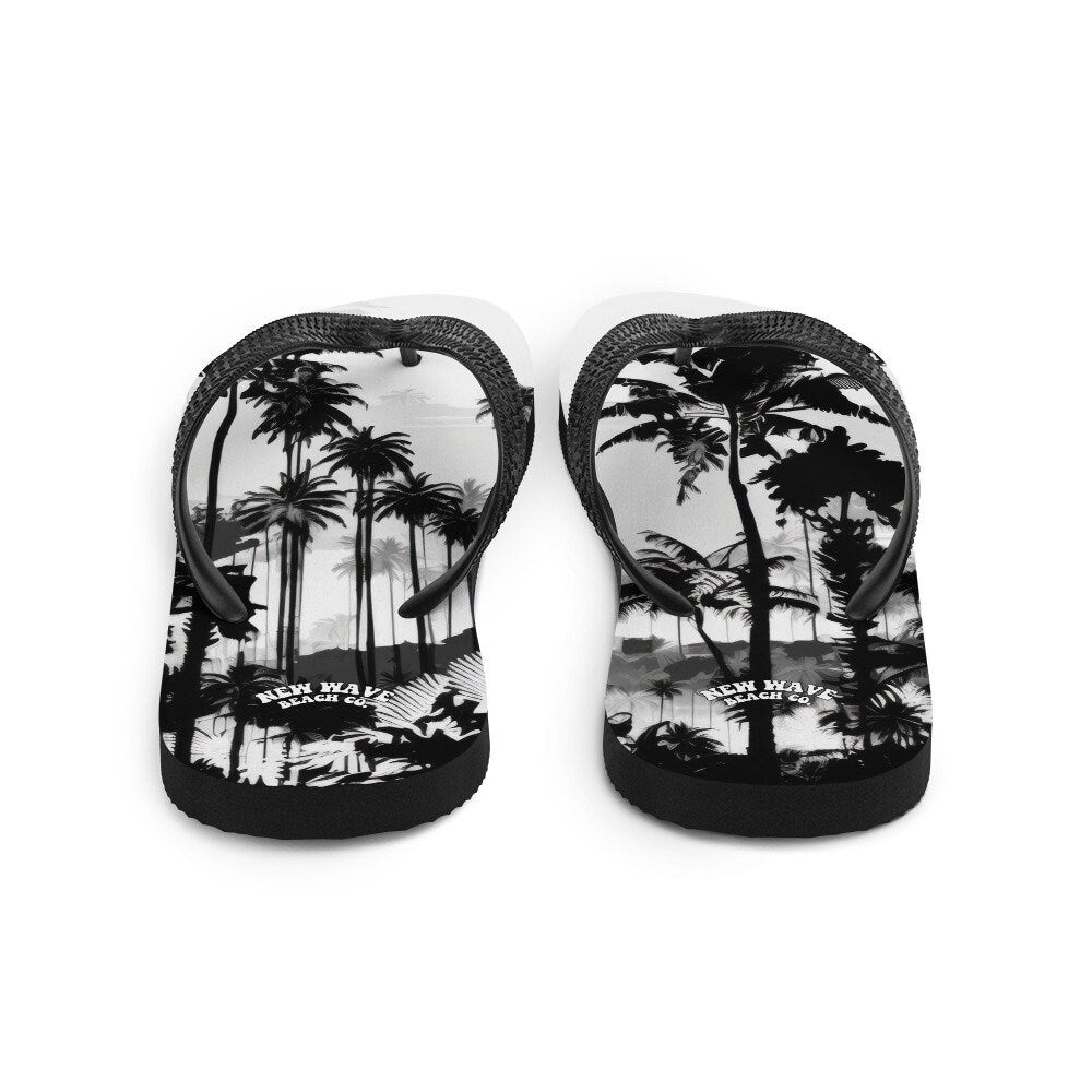 Emerald  Blossoms - Black White Inky Faded Photo Island Palm Tree Flip Flops 