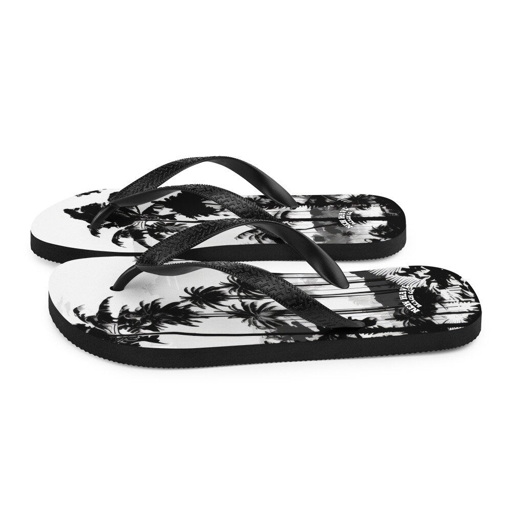 Emerald  Blossoms - Black White Inky Faded Photo Island Palm Tree Flip Flops 