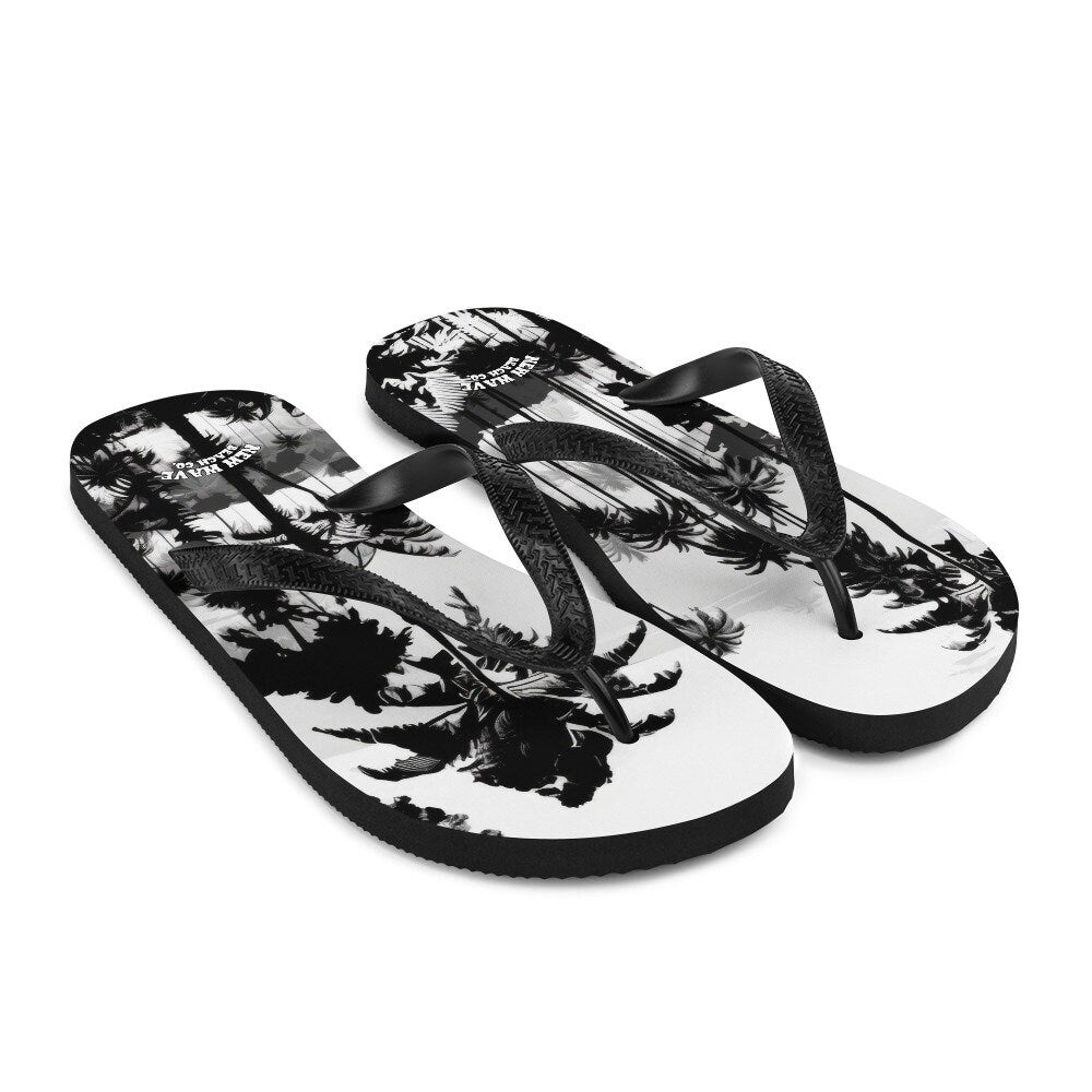 Emerald  Blossoms - Black White Inky Faded Photo Island Palm Tree Flip Flops 