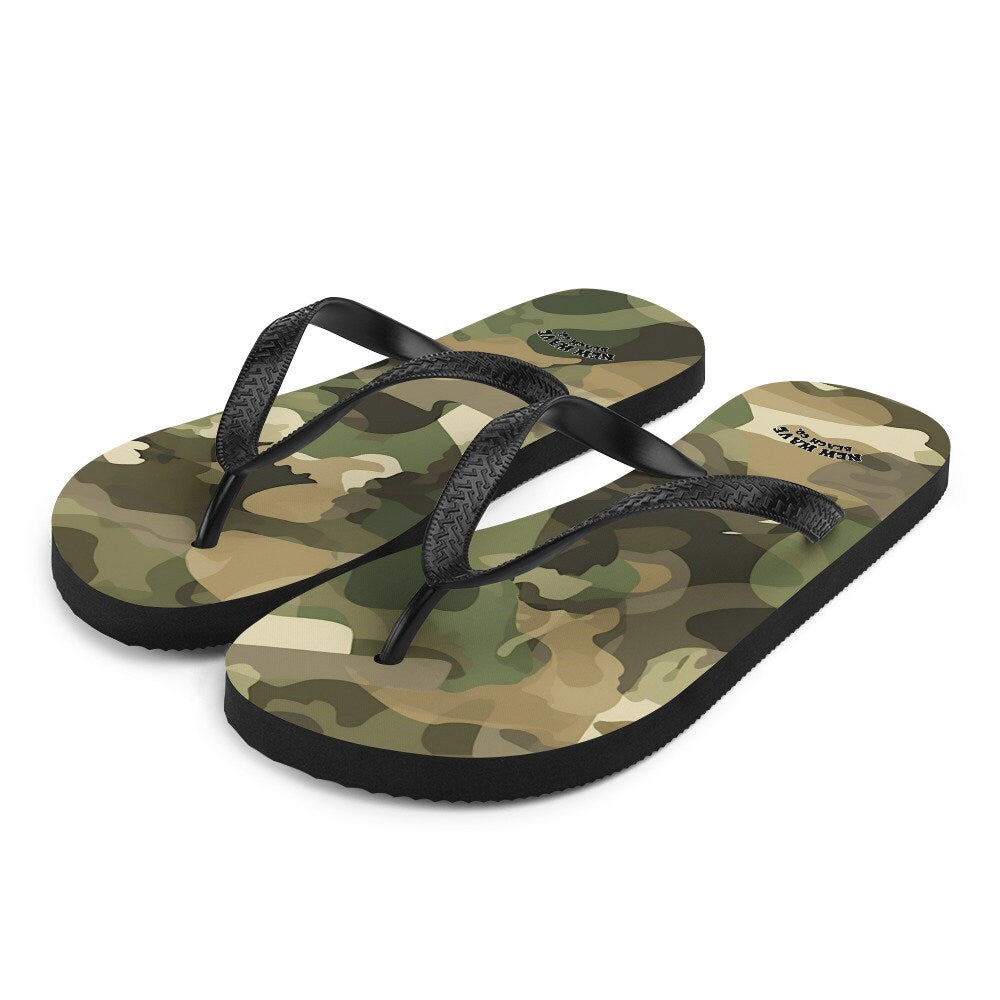 Emerald  Blossoms - Green and Brown Camo Camouflage Print Flip Flops Colorful 