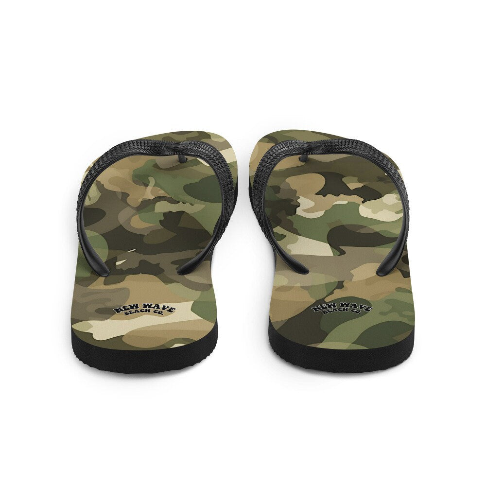 Emerald  Blossoms - Green and Brown Camo Camouflage Print Flip Flops Colorful 