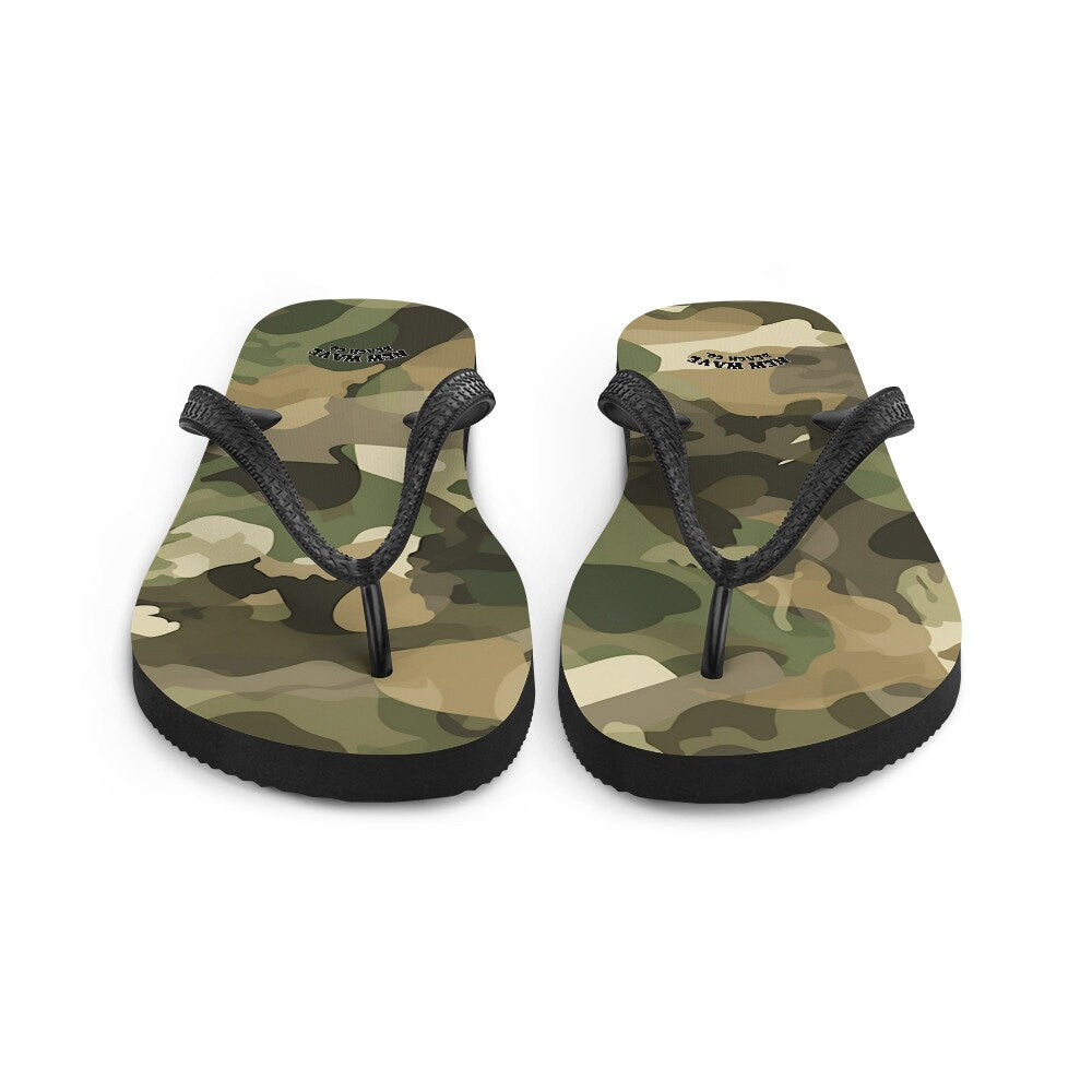 Emerald  Blossoms - Green and Brown Camo Camouflage Print Flip Flops Colorful 