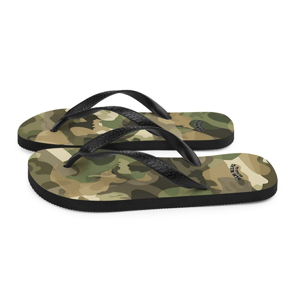 Emerald  Blossoms - Green and Brown Camo Camouflage Print Flip Flops Colorful 