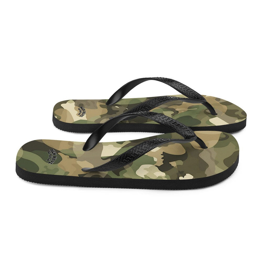 Emerald  Blossoms - Green and Brown Camo Camouflage Print Flip Flops Colorful 