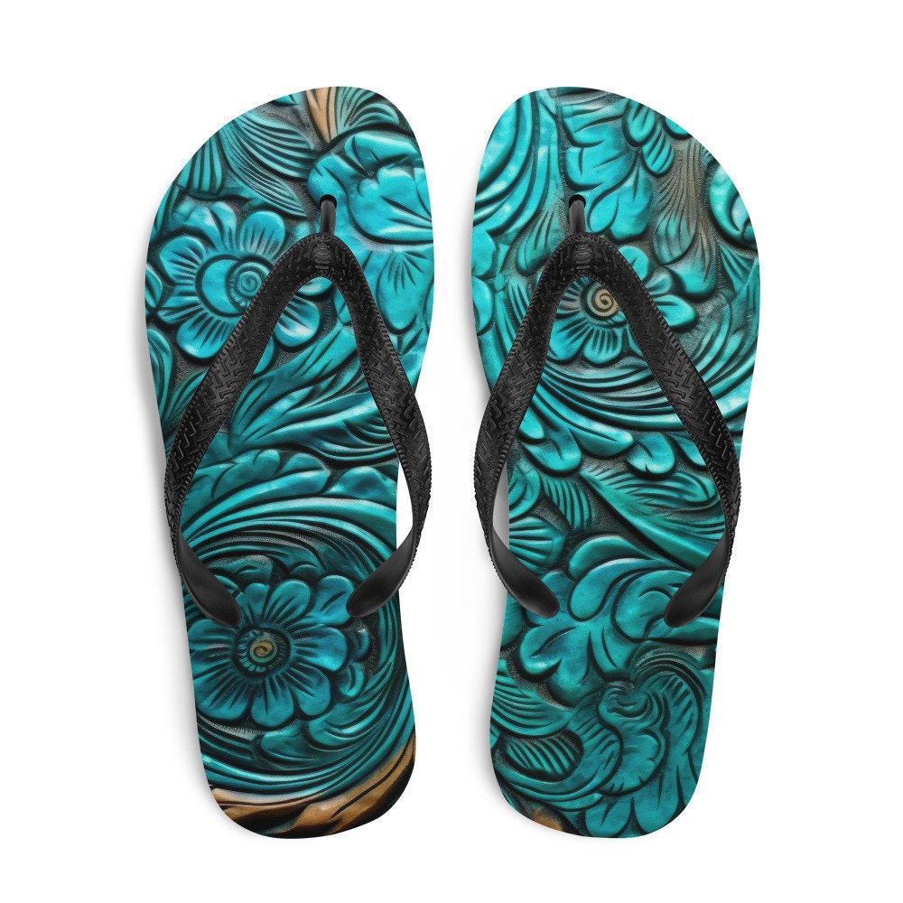 Emerald  Blossoms - Scrolled leather design blue Flip-Flops