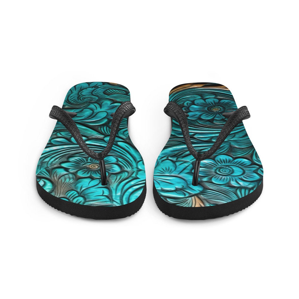 Emerald  Blossoms - Scrolled leather design blue Flip-Flops