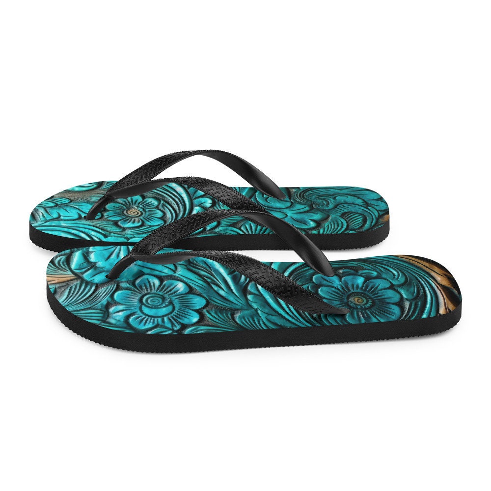 Emerald  Blossoms - Scrolled leather design blue Flip-Flops