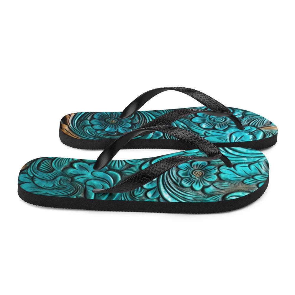 Emerald  Blossoms - Scrolled leather design blue Flip-Flops