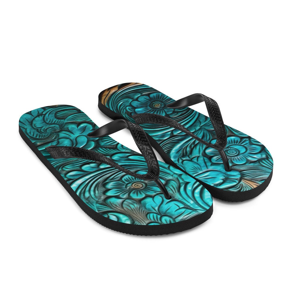 Emerald  Blossoms - Scrolled leather design blue Flip-Flops