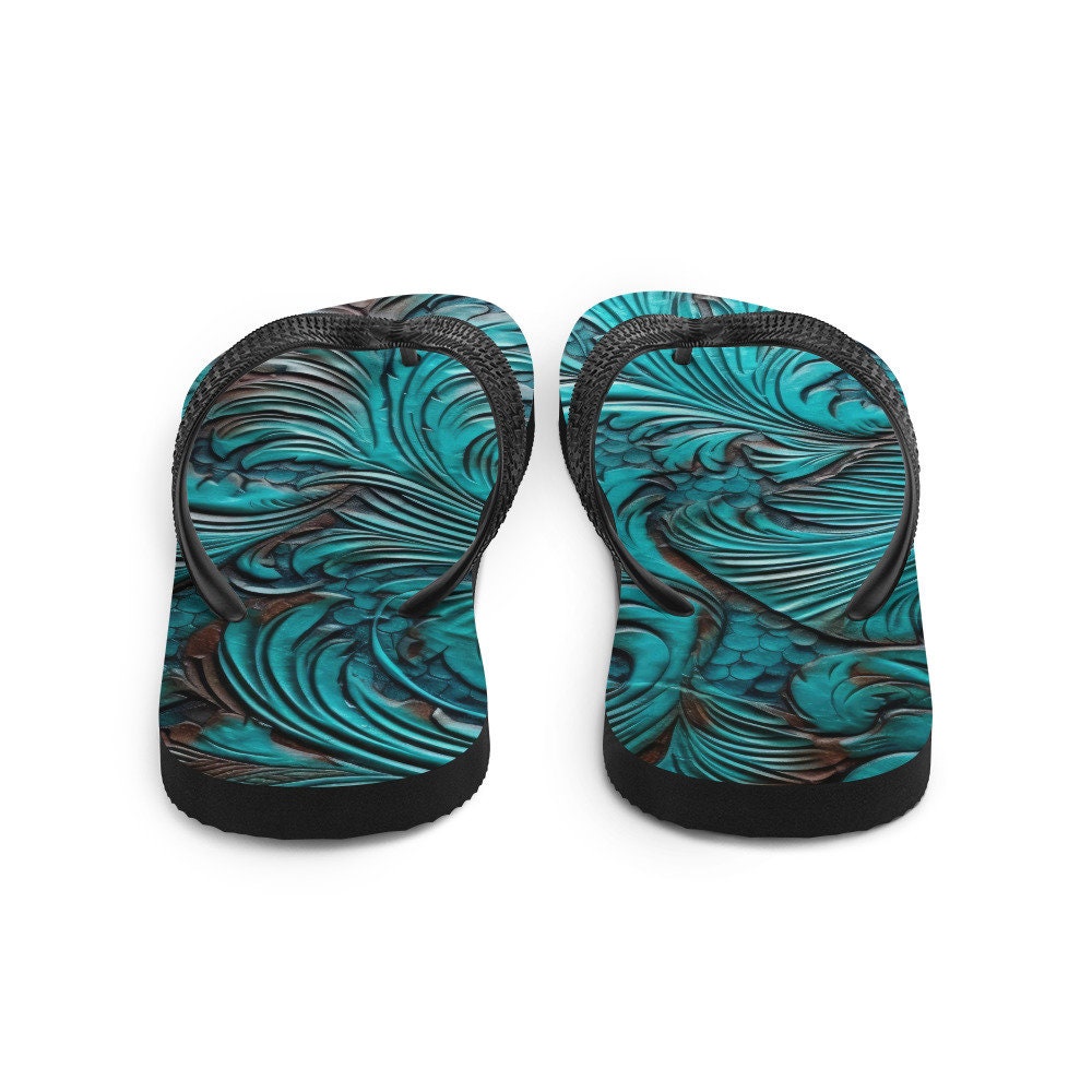 Emerald  Blossoms - Western Scroll leather blue design Flip-Flops