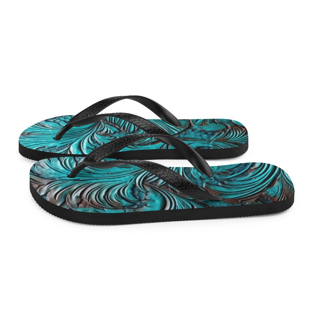 Emerald  Blossoms - Western Scroll leather blue design Flip-Flops