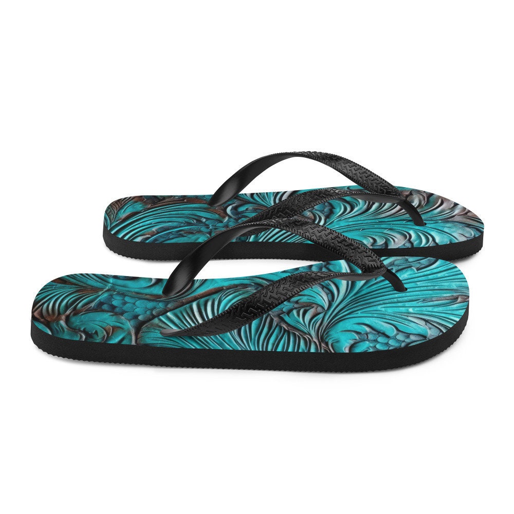 Emerald  Blossoms - Western Scroll leather blue design Flip-Flops