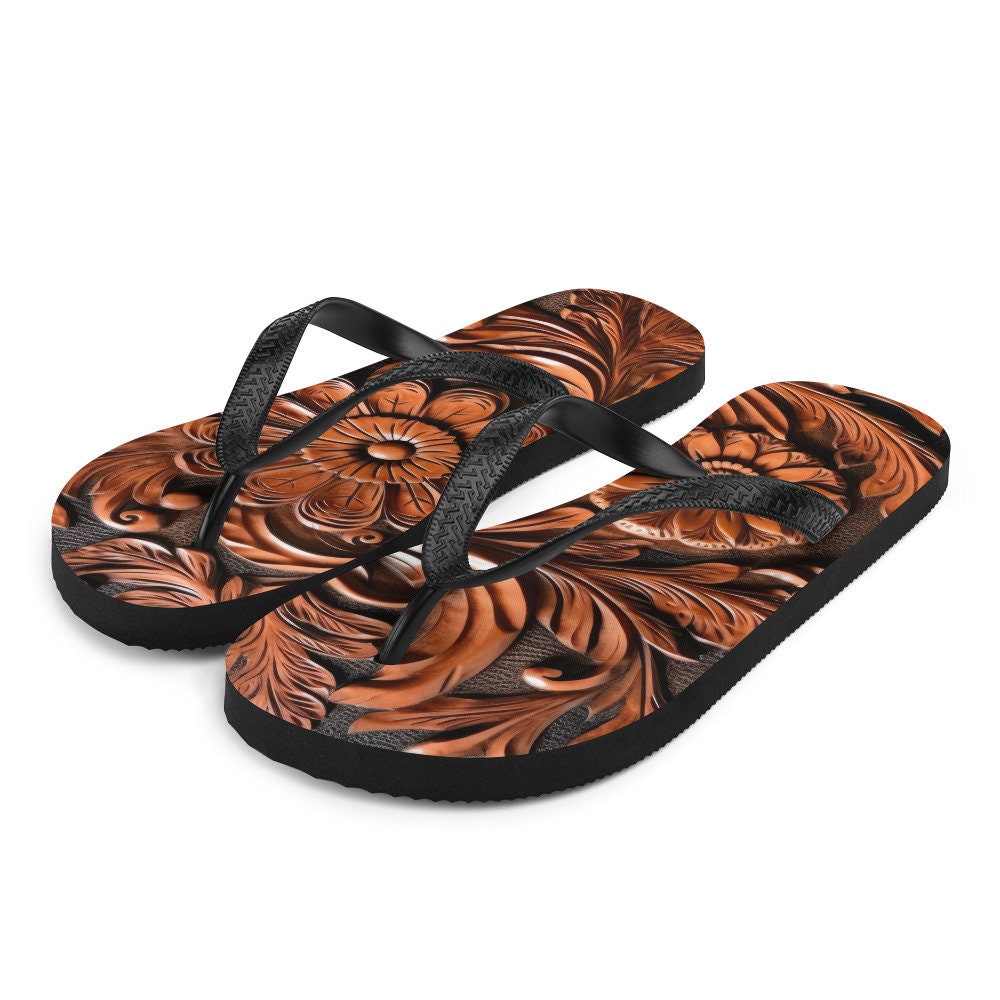 Emerald  Blossoms - Faux brown leather scrolled design -brown Flip-Flops