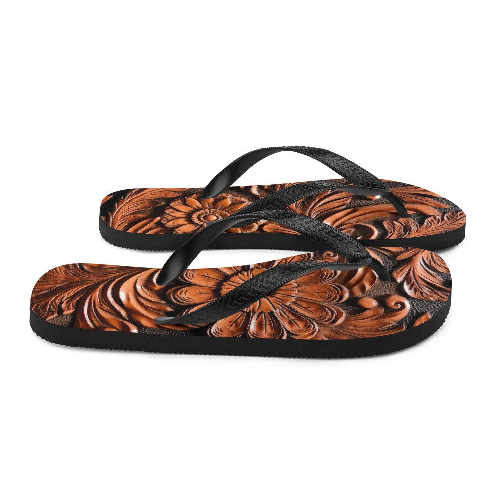 Emerald  Blossoms - Faux brown leather scrolled design -brown Flip-Flops