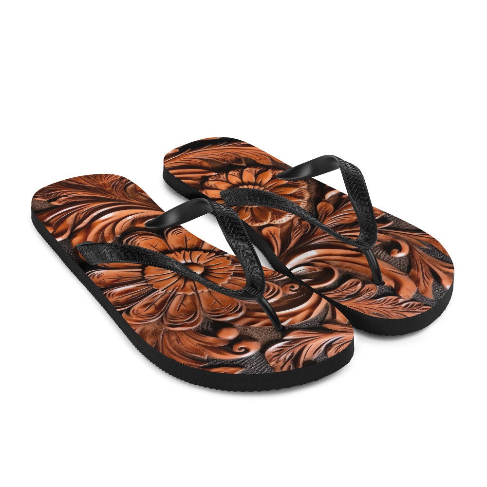 Emerald  Blossoms - Faux brown leather scrolled design -brown Flip-Flops