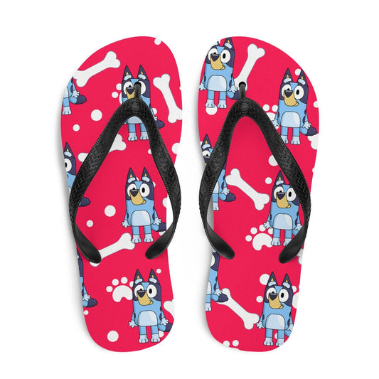 Emerald  Blossoms - red background blue dog Flip-Flops