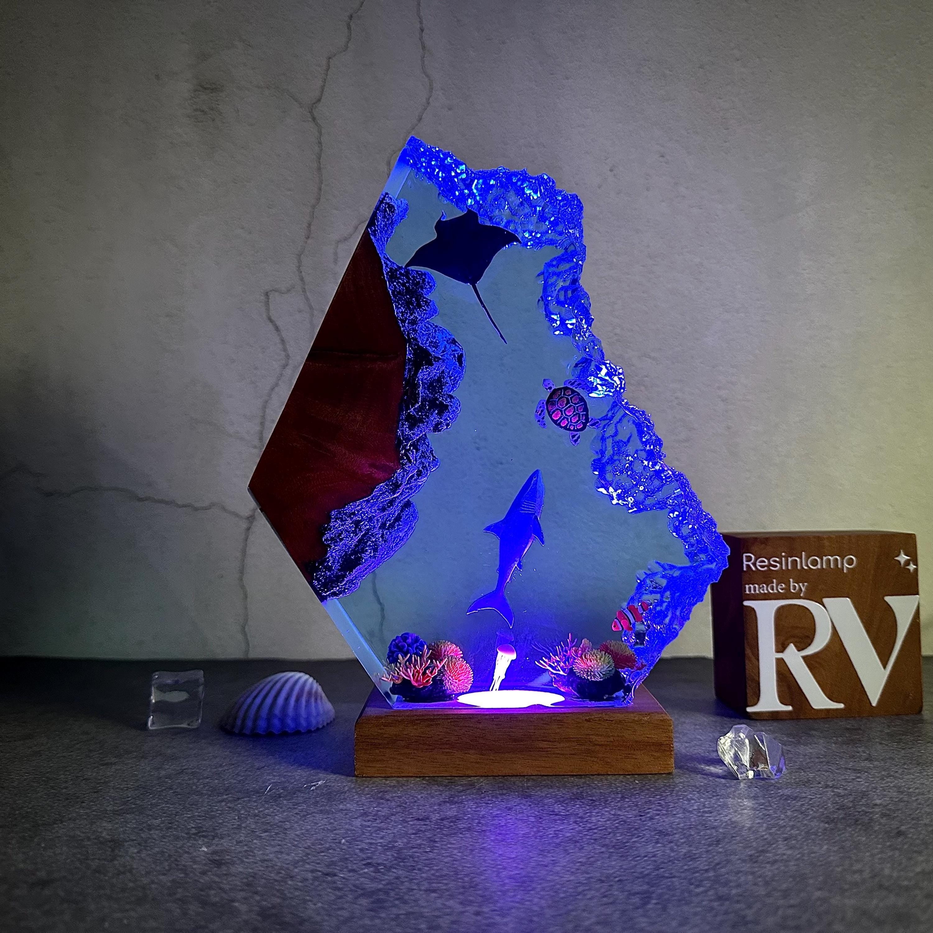 Epoxy Resin Ocean Lamp, Shark, Turtle, and Coral Reef Night Light,  Resin Wood Art Lamp, wood resin decor, gift for him, Christmas gift
