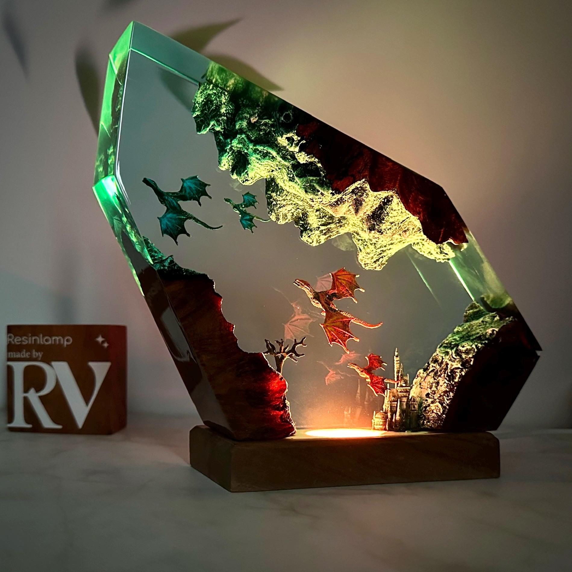 Handmade Fire and Ice Dragon Lamp: 3D Resin Wood Home Decor, Lighting Home Decor, Valentines Day gift, Christmas gift, Fantasy Decor
