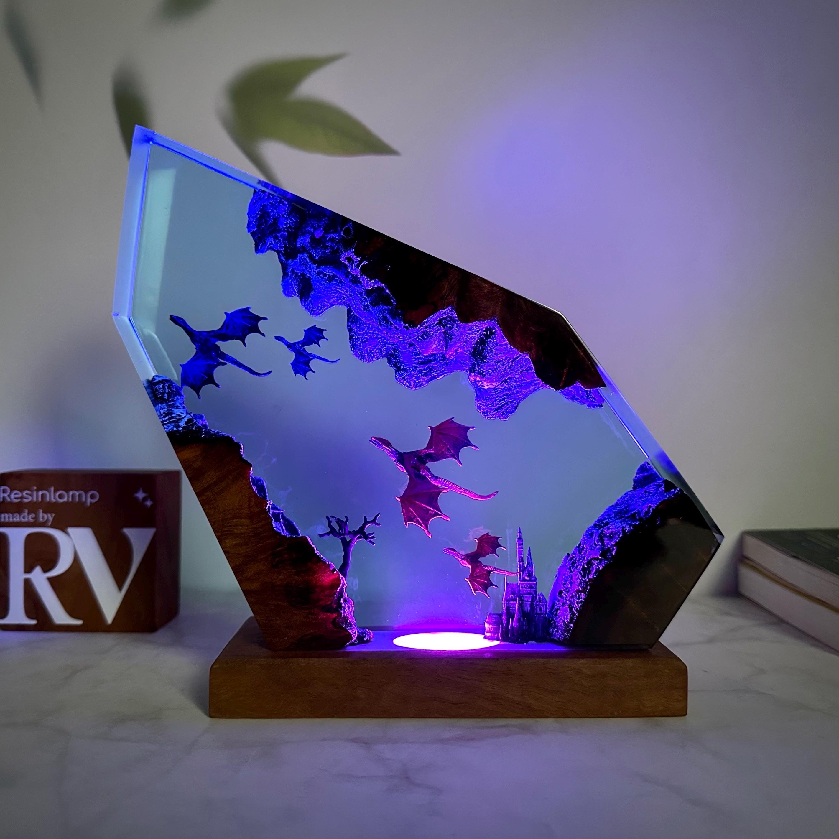 Handmade Fire and Ice Dragon Lamp: 3D Resin Wood Home Decor, Lighting Home Decor, Valentines Day gift, Christmas gift, Fantasy Decor