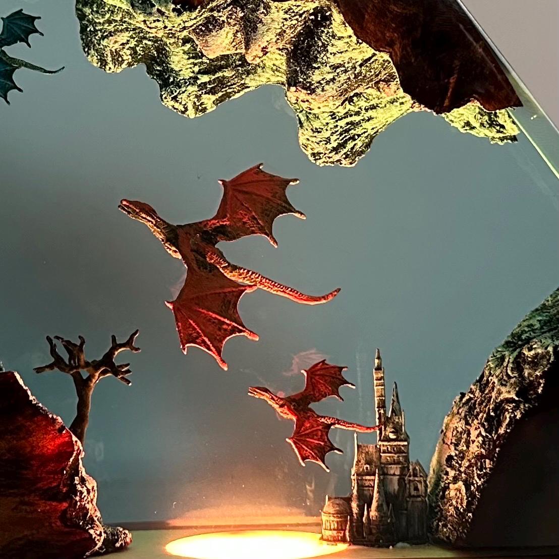 Handmade Fire and Ice Dragon Lamp: 3D Resin Wood Home Decor, Lighting Home Decor, Valentines Day gift, Christmas gift, Fantasy Decor