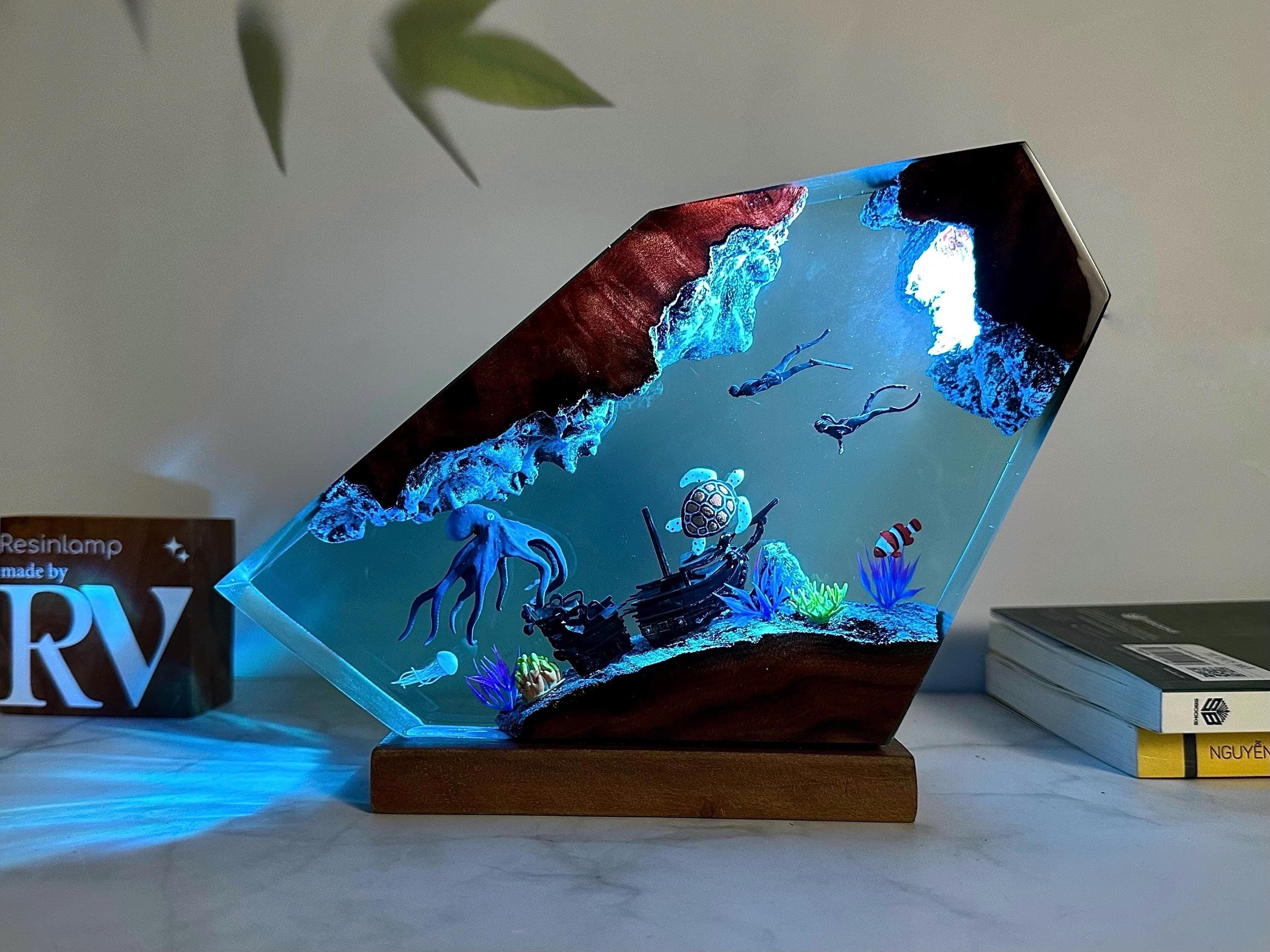 Handmade Resin Ocean Lamp, Octopus & Divers Diorama Night Light, custom night light, wood resin decor, gift for him, Christmas gift