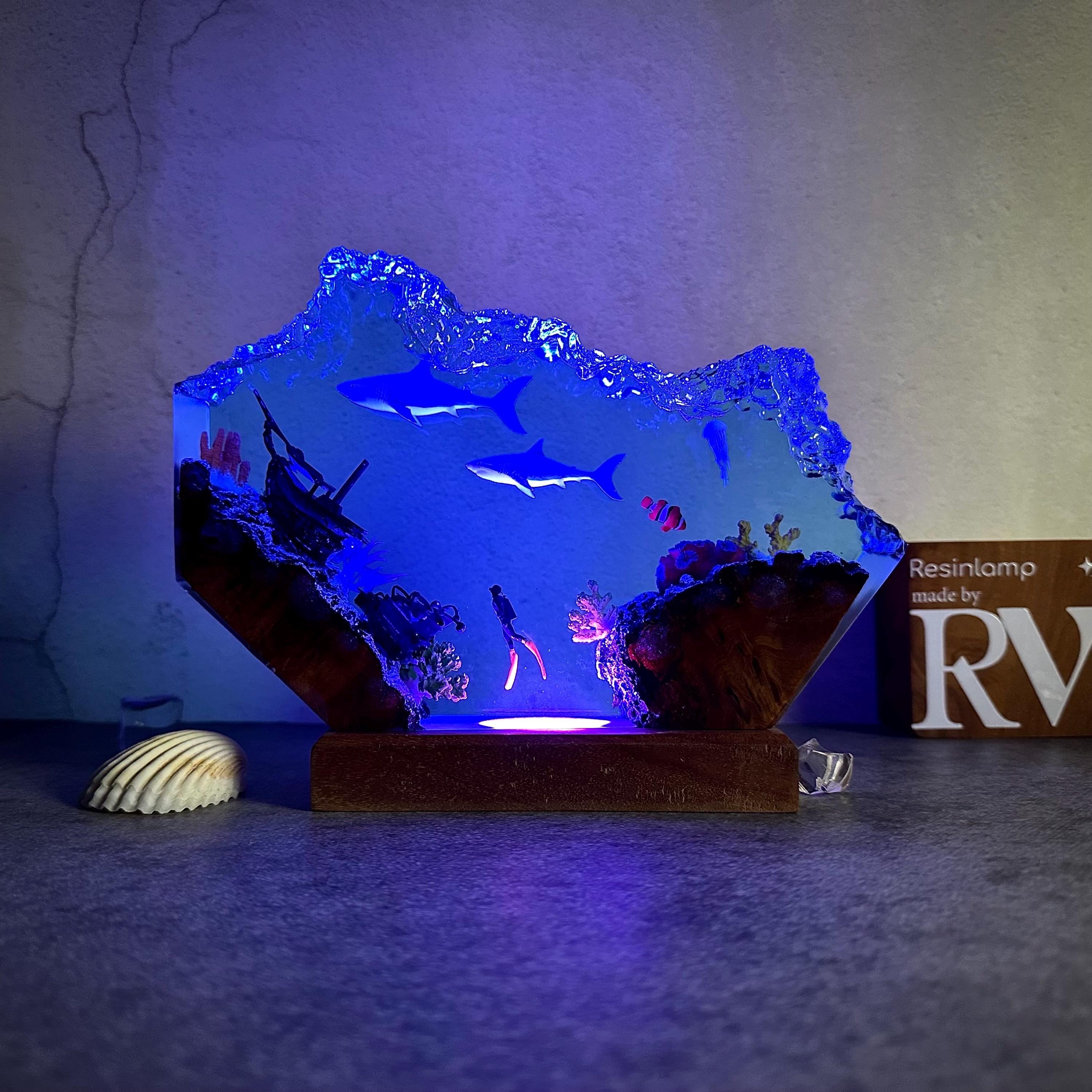 Custom Great White Shark and scuba resin lamp, SCUBA DIVER Epoxy Lamp, ocean night light, gift for him, Christmas gift, home decoration