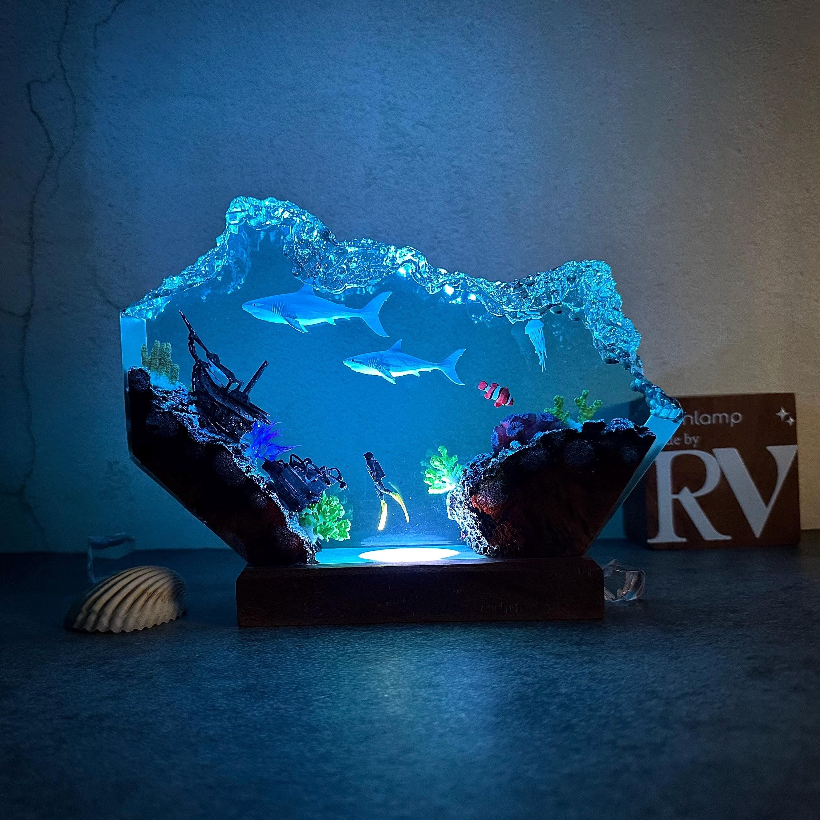 Custom Great White Shark and scuba resin lamp, SCUBA DIVER Epoxy Lamp, ocean night light, gift for him, Christmas gift, home decoration