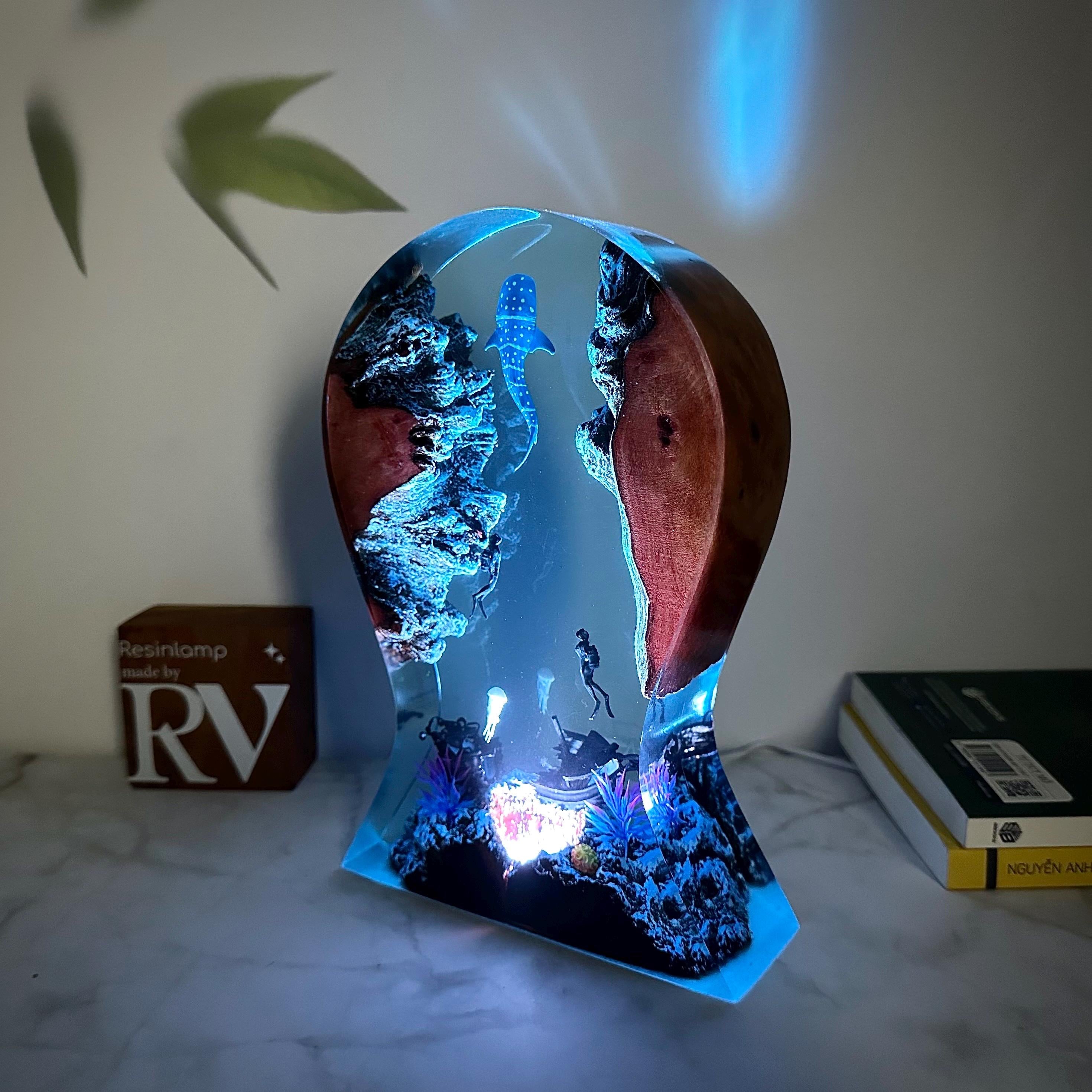 Whale Shark Epoxy Lamp: Handmade Headphone Stand, Rustic Gamer Night Light