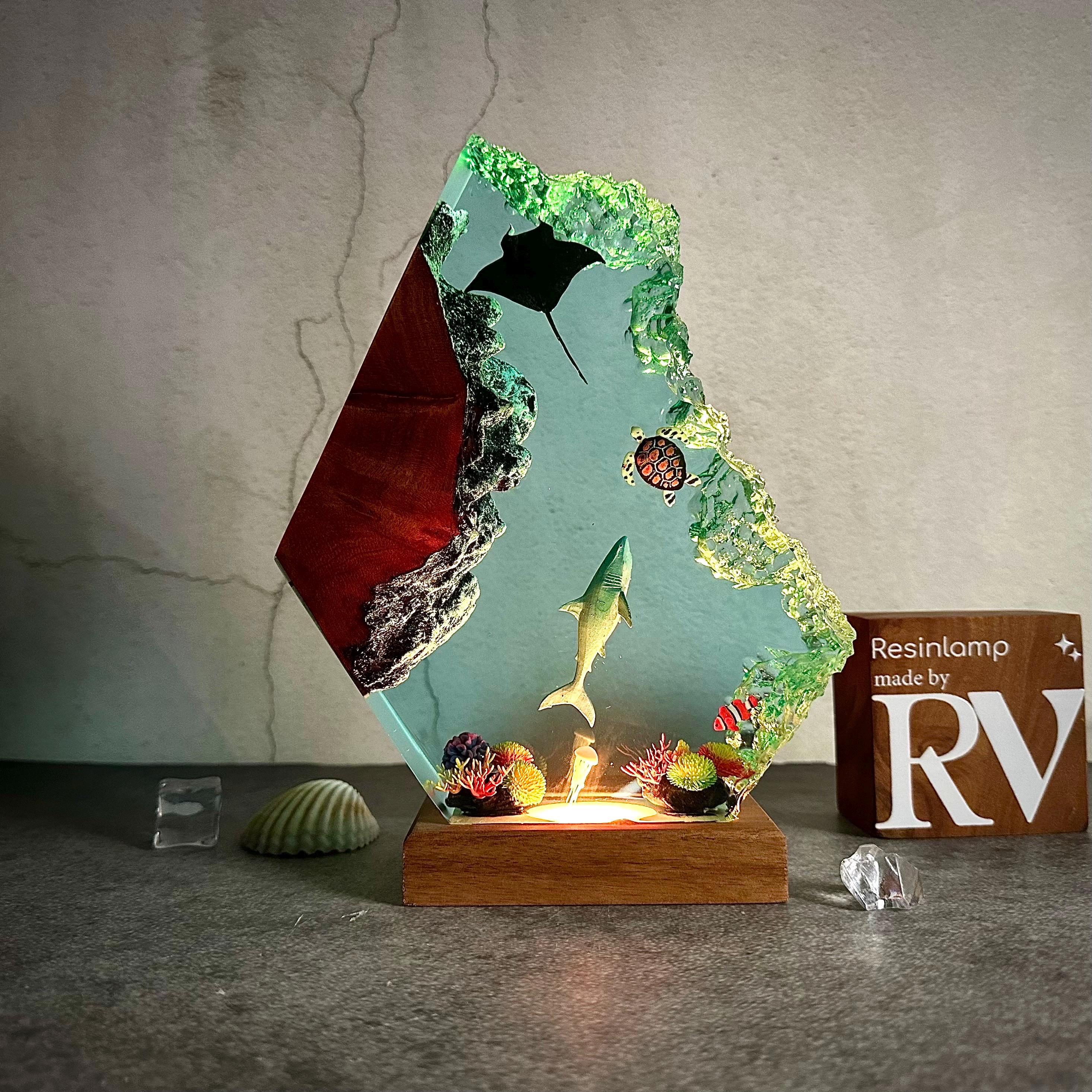 Epoxy Resin Ocean Lamp, Shark, Turtle, and Coral Reef Night Light,  Resin Wood Art Lamp, wood resin decor, gift for him, Christmas gift
