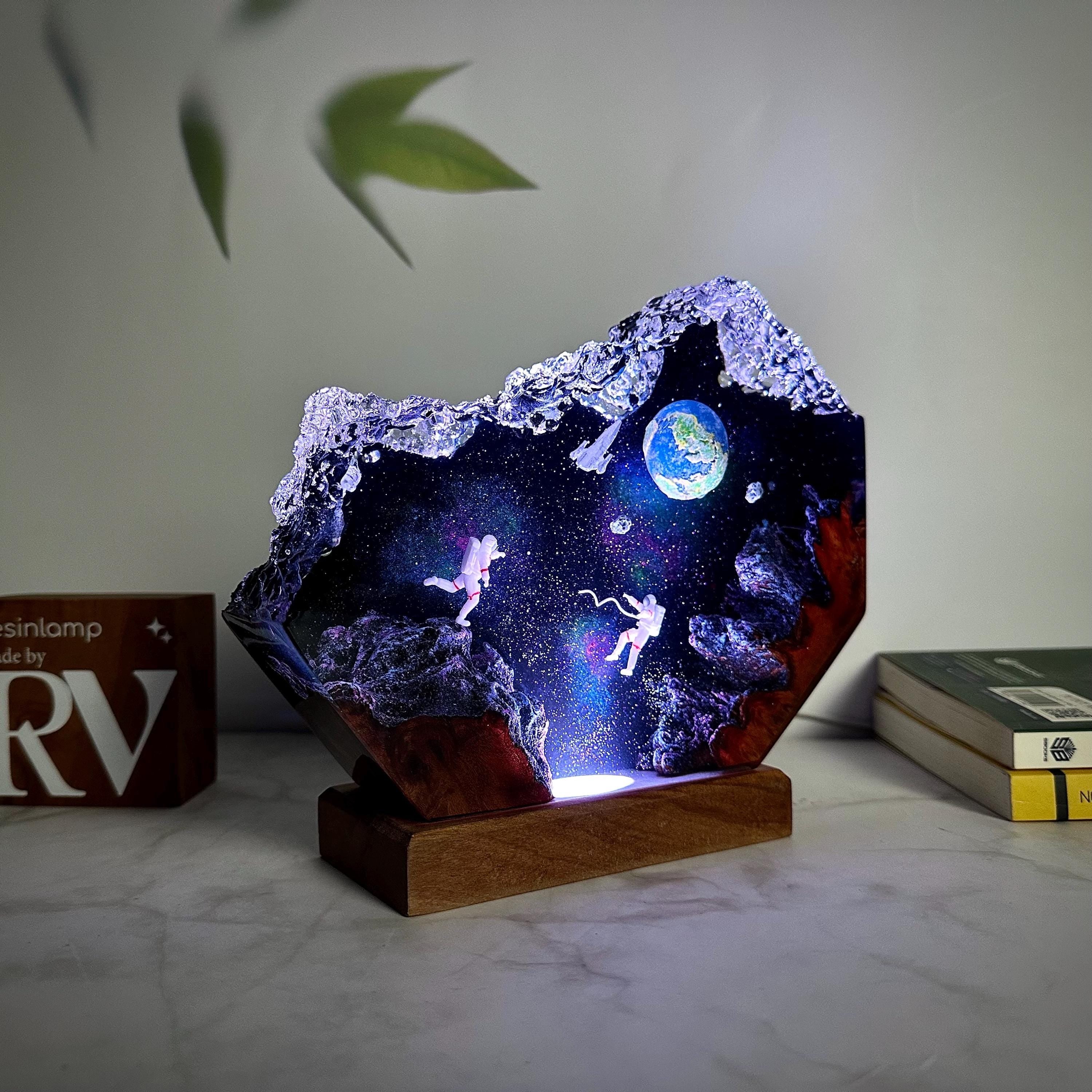 Handmade Interstellar Wood Lamp: Astronaut & Galaxy Resin Art, Galaxy Lamp, Space ship Lamp, Resin night light, personalization Gift