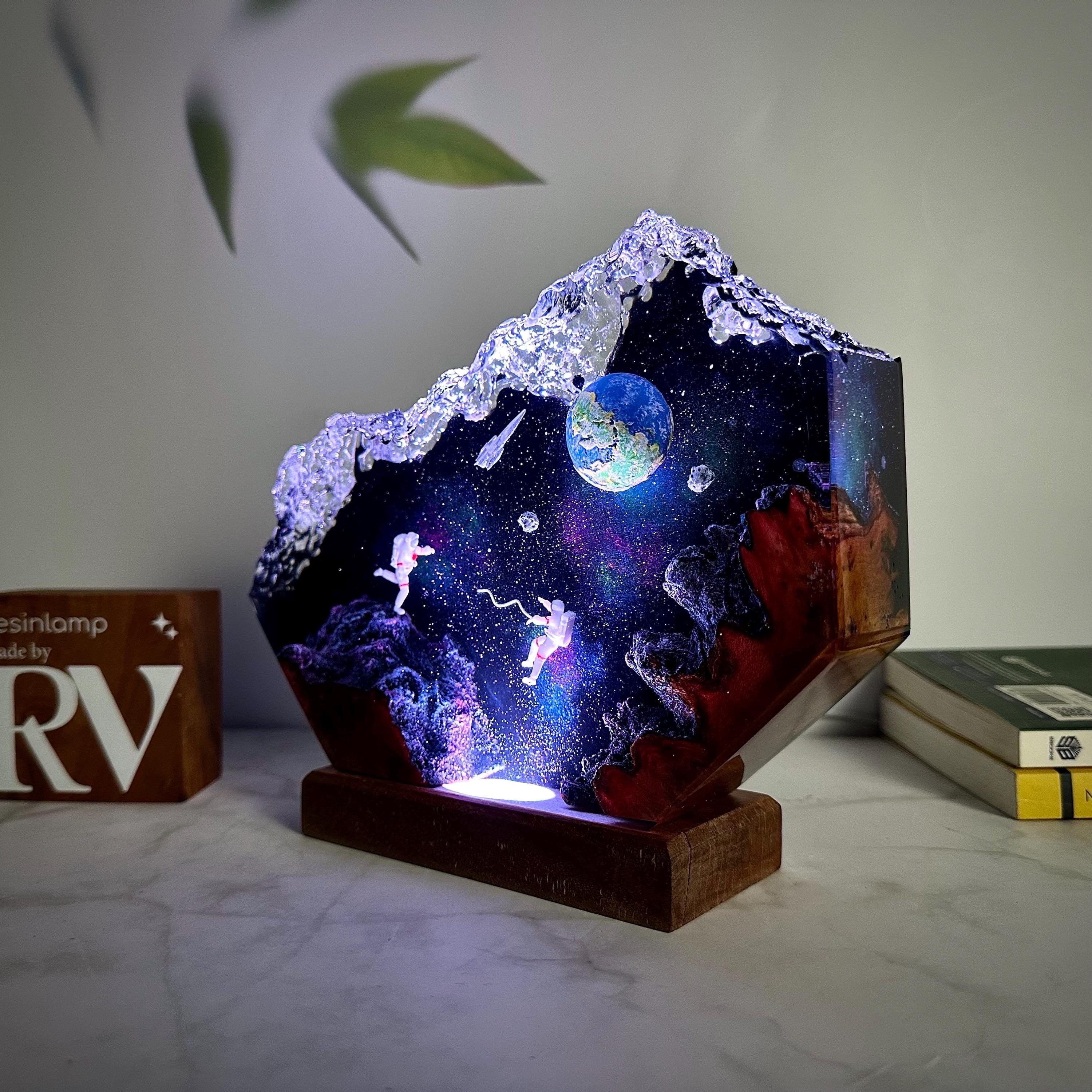 Handmade Interstellar Wood Lamp: Astronaut & Galaxy Resin Art, Galaxy Lamp, Space ship Lamp, Resin night light, personalization Gift