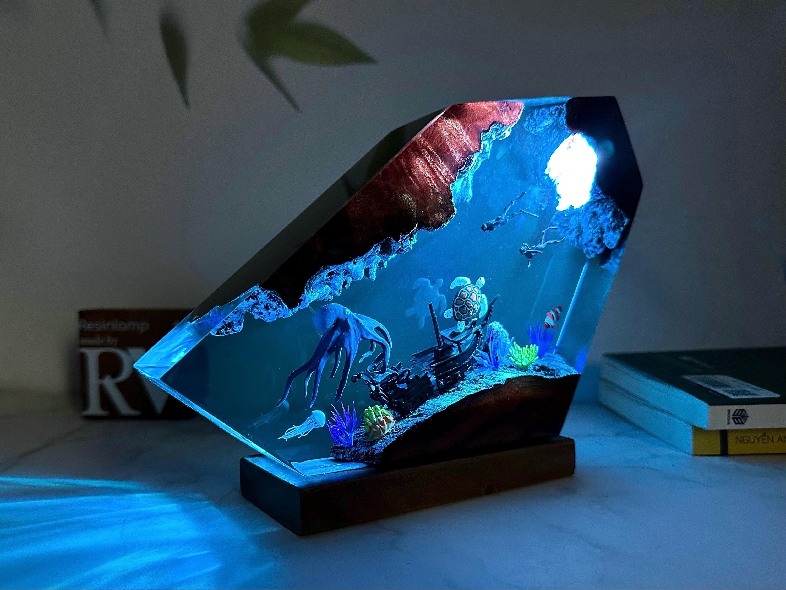 Handmade Resin Ocean Lamp, Octopus & Divers Diorama Night Light, custom night light, wood resin decor, gift for him, Christmas gift