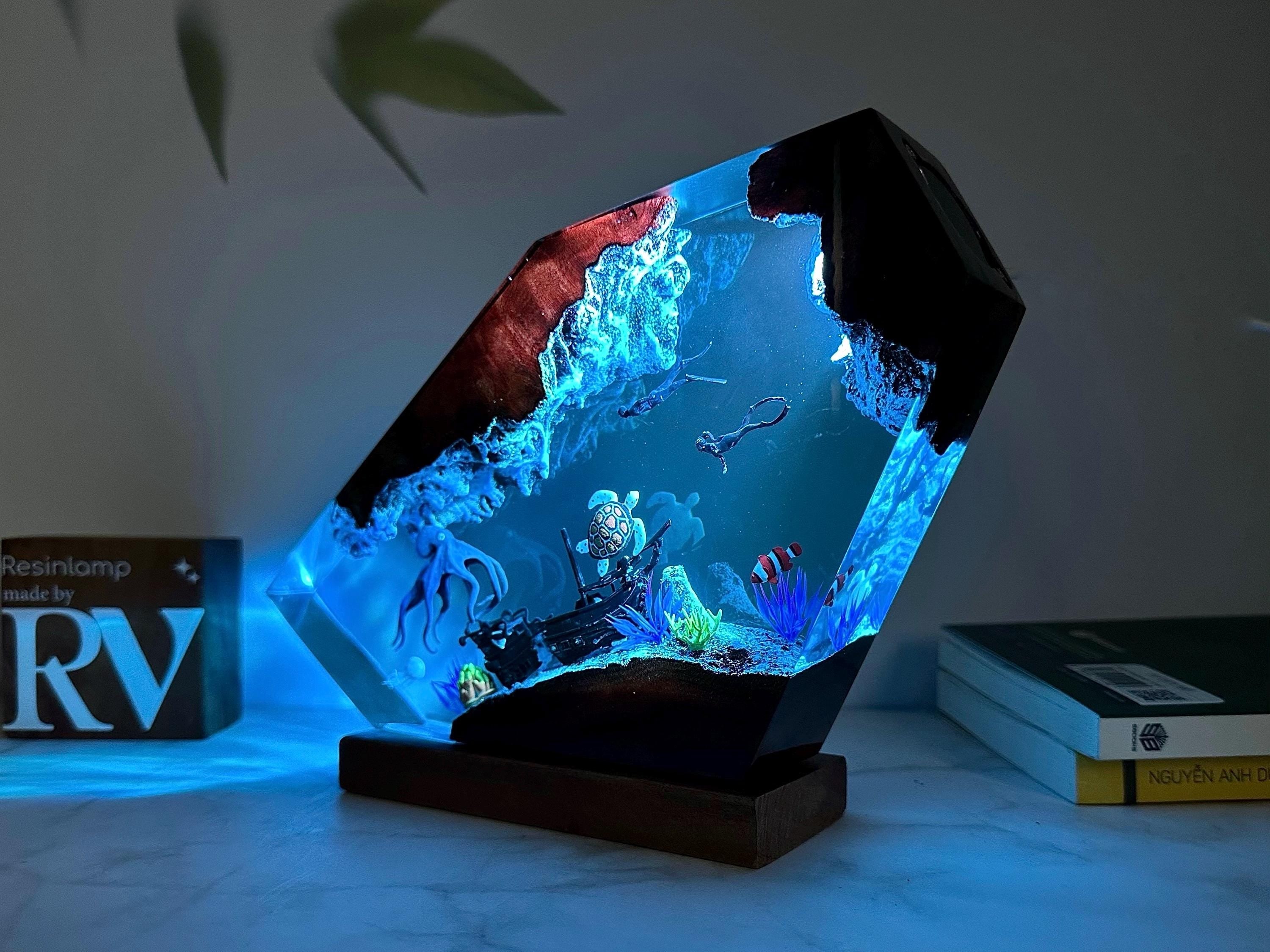 Handmade Resin Ocean Lamp, Octopus & Divers Diorama Night Light, custom night light, wood resin decor, gift for him, Christmas gift