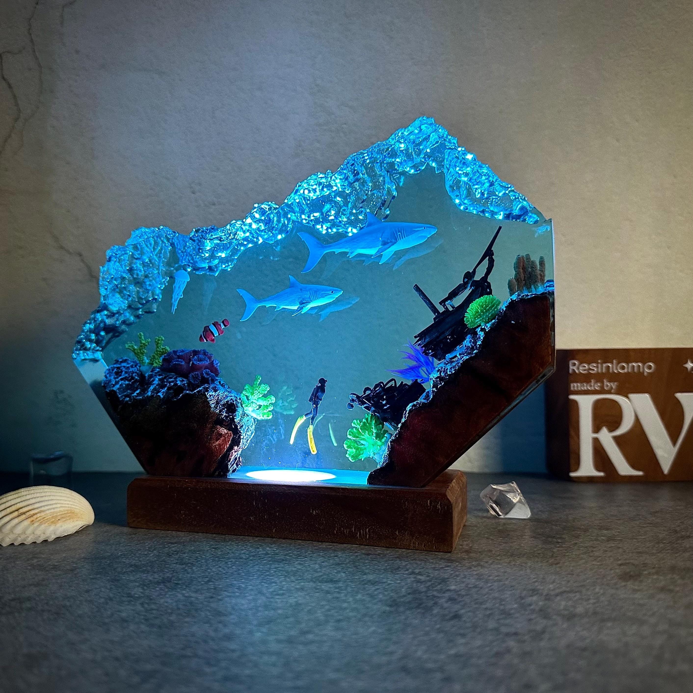 Custom Great White Shark and scuba resin lamp, SCUBA DIVER Epoxy Lamp, ocean night light, gift for him, Christmas gift, home decoration