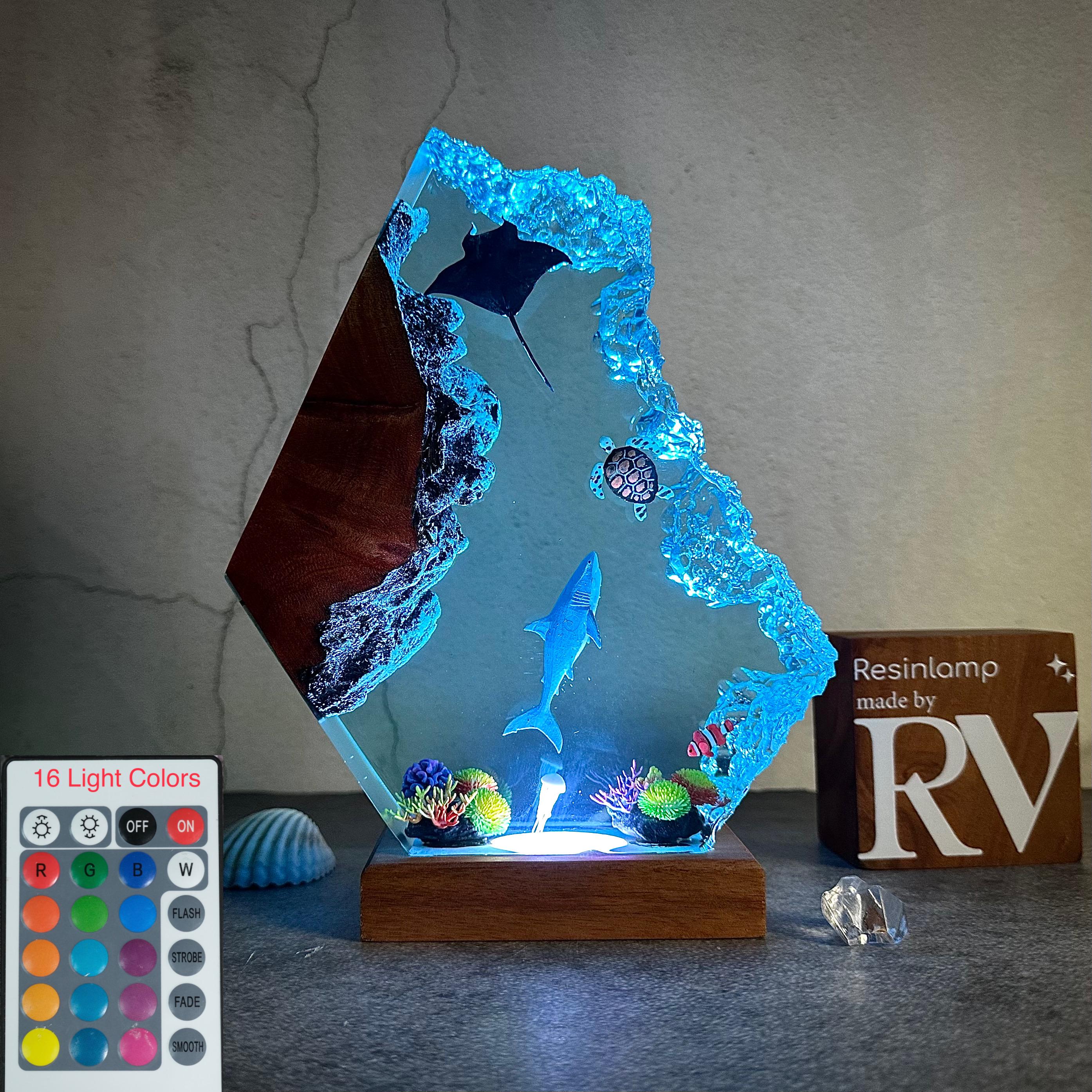Epoxy Resin Ocean Lamp, Shark, Turtle, and Coral Reef Night Light,  Resin Wood Art Lamp, wood resin decor, gift for him, Christmas gift