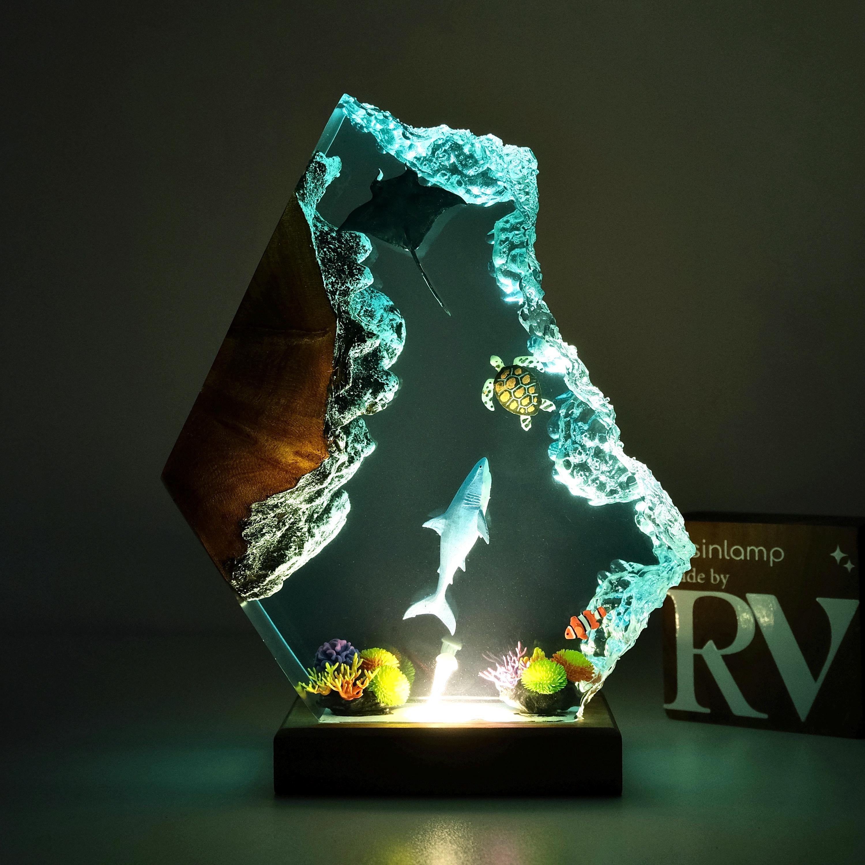 Epoxy Resin Ocean Lamp, Shark, Turtle, and Coral Reef Night Light,  Resin Wood Art Lamp, wood resin decor, gift for him, Christmas gift