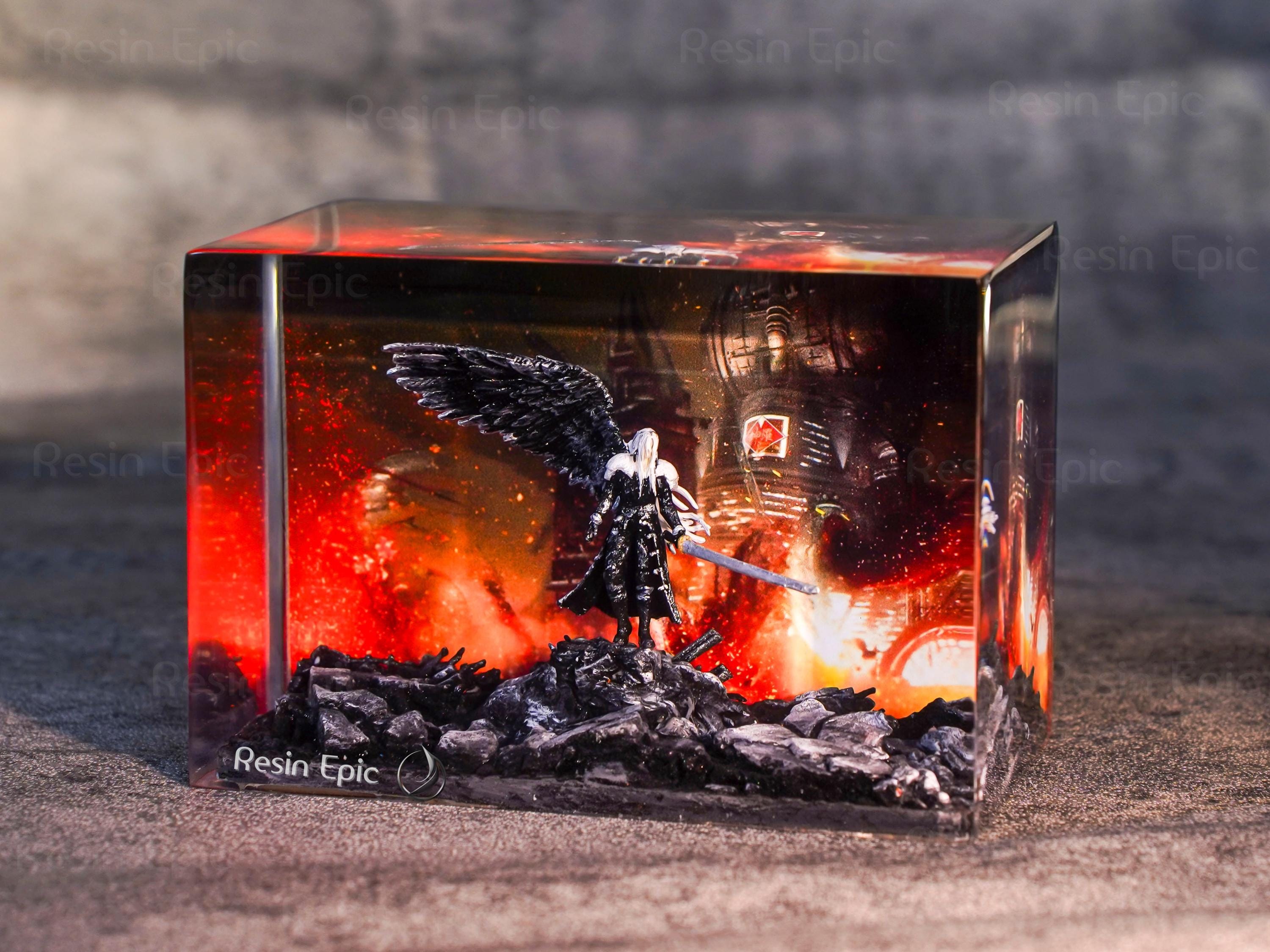Custom Sephiroth and Cloud Resin Night Light, Epoxy Wood Night Lamp,  FF7 Collector Gift