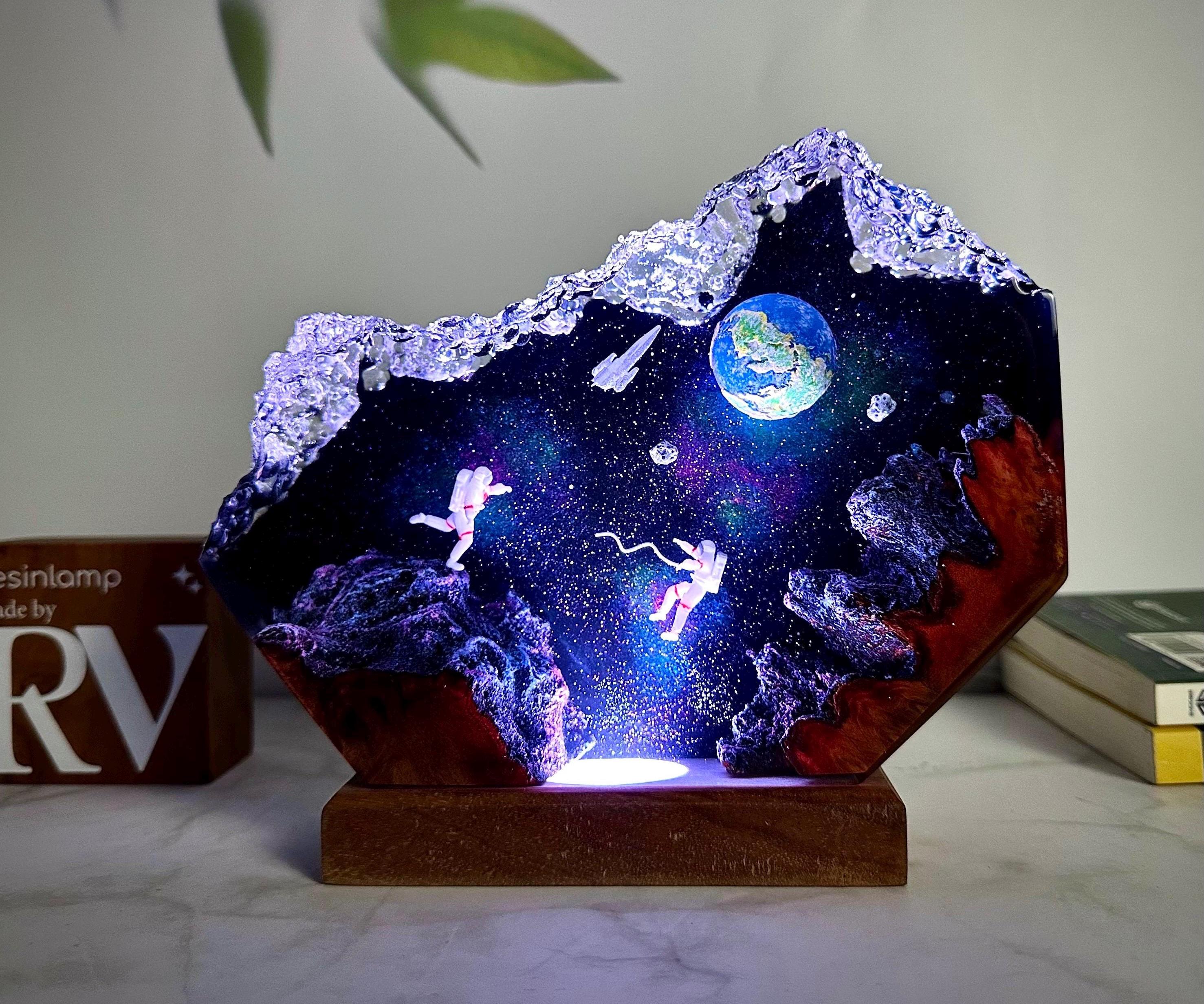 Handmade Interstellar Wood Lamp: Astronaut & Galaxy Resin Art, Galaxy Lamp, Space ship Lamp, Resin night light, personalization Gift