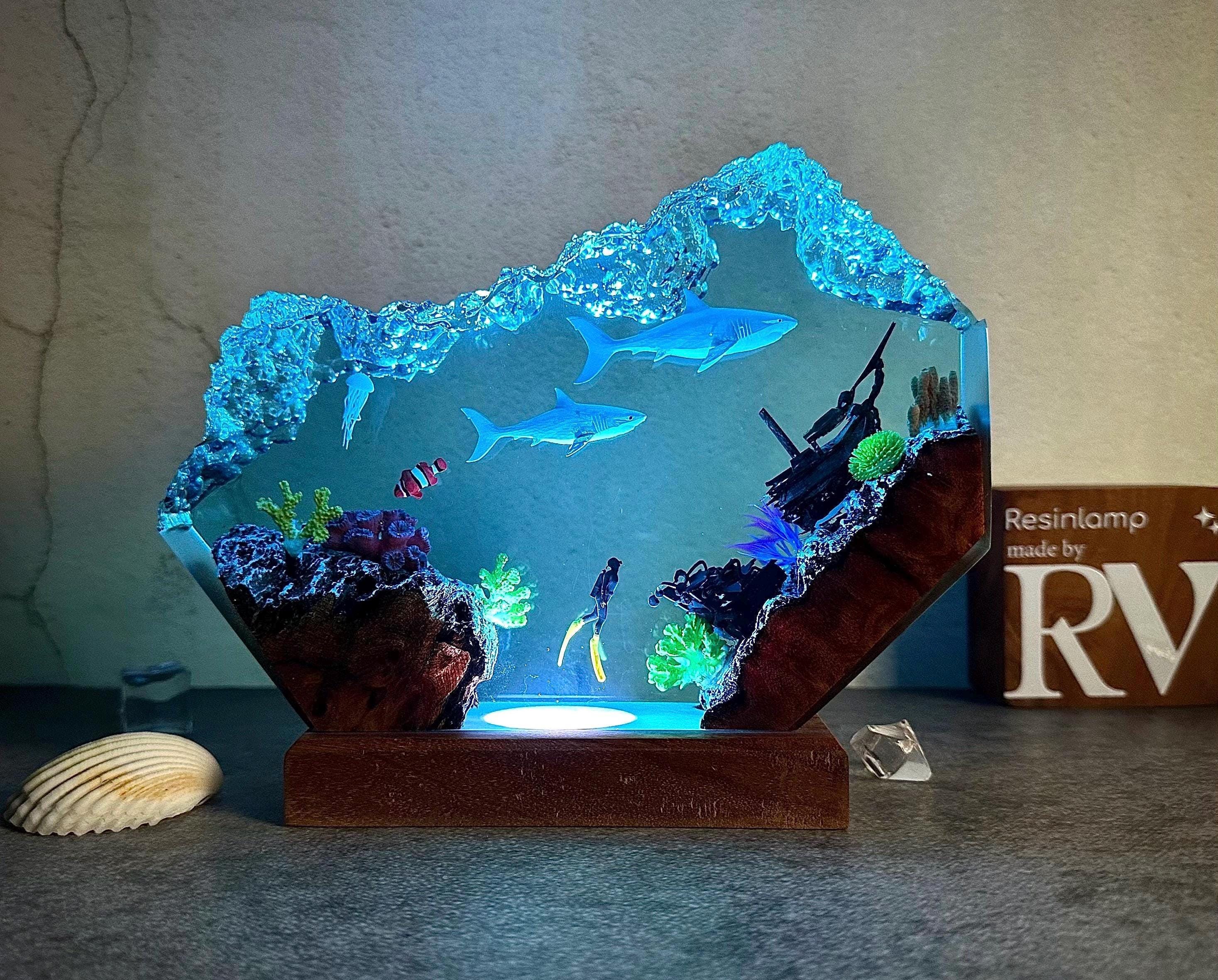 Custom Great White Shark and scuba resin lamp, SCUBA DIVER Epoxy Lamp, ocean night light, gift for him, Christmas gift, home decoration