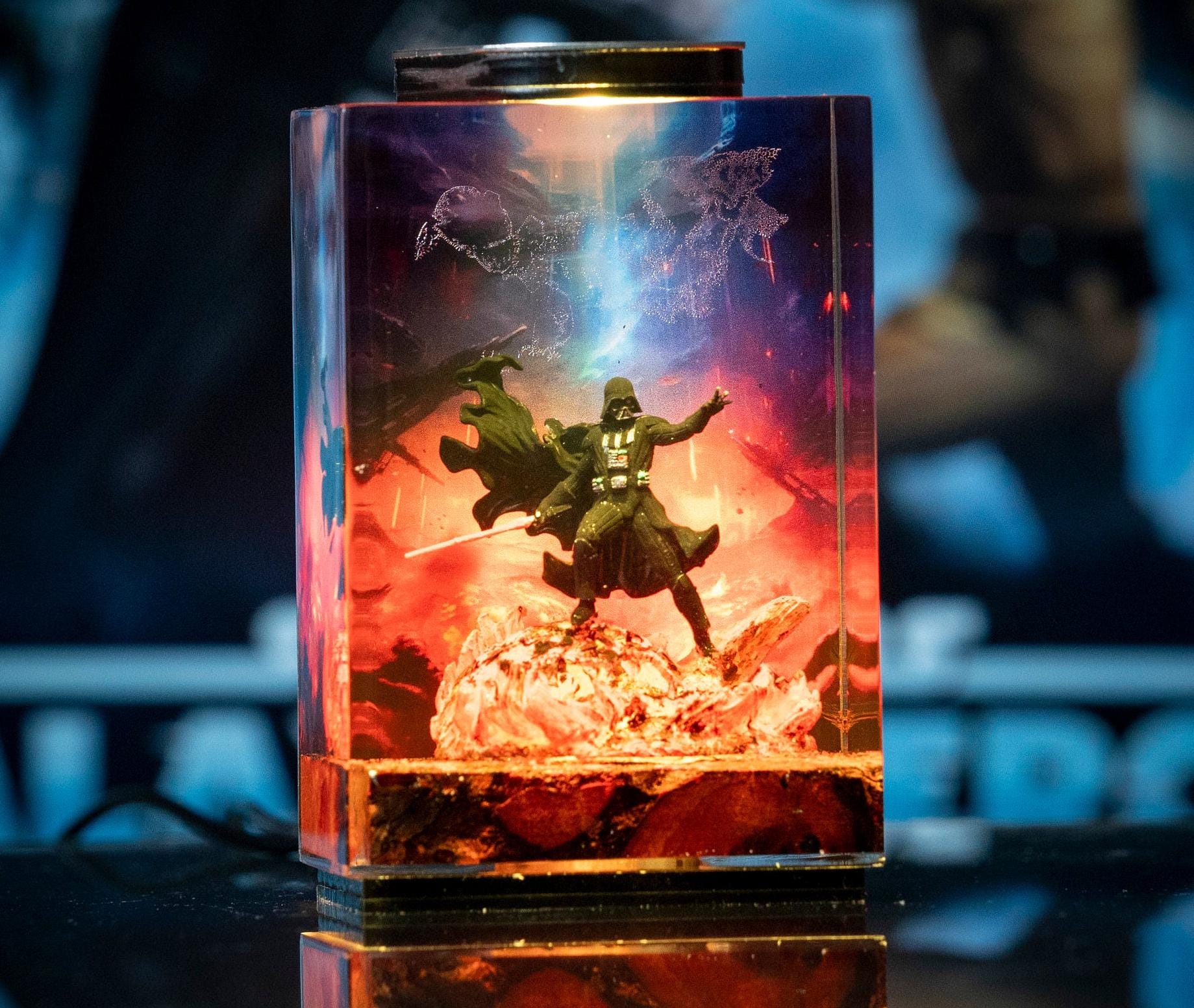 Darth vader diorama resin lamp, star war wall art for him, Sword lightsaber for gaming decor room