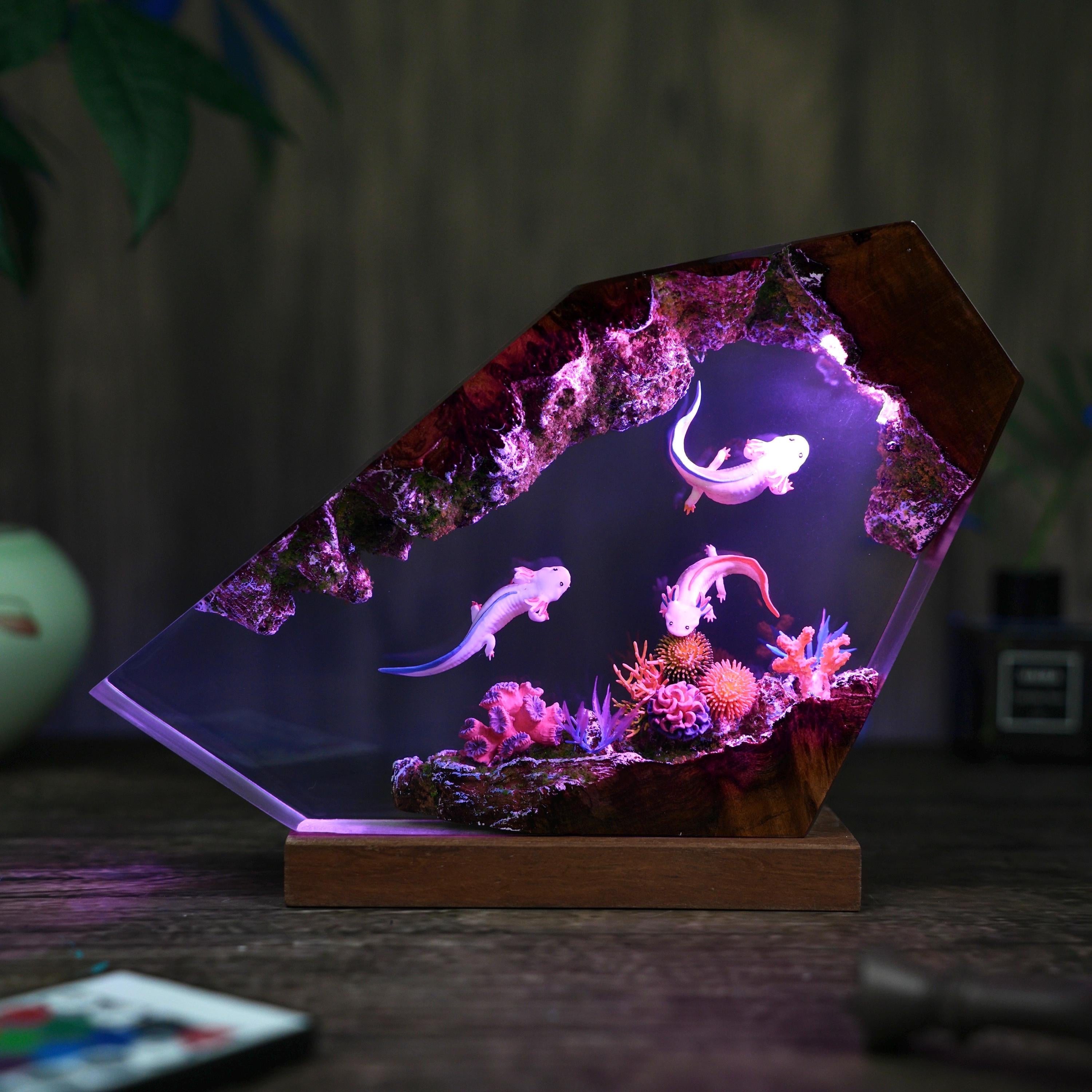 Axolotl Diorama Resin Lamp, Mexican Salamander Night Light, resin art lamp, Unique Christmas, desk lamp, gift for him, home decor