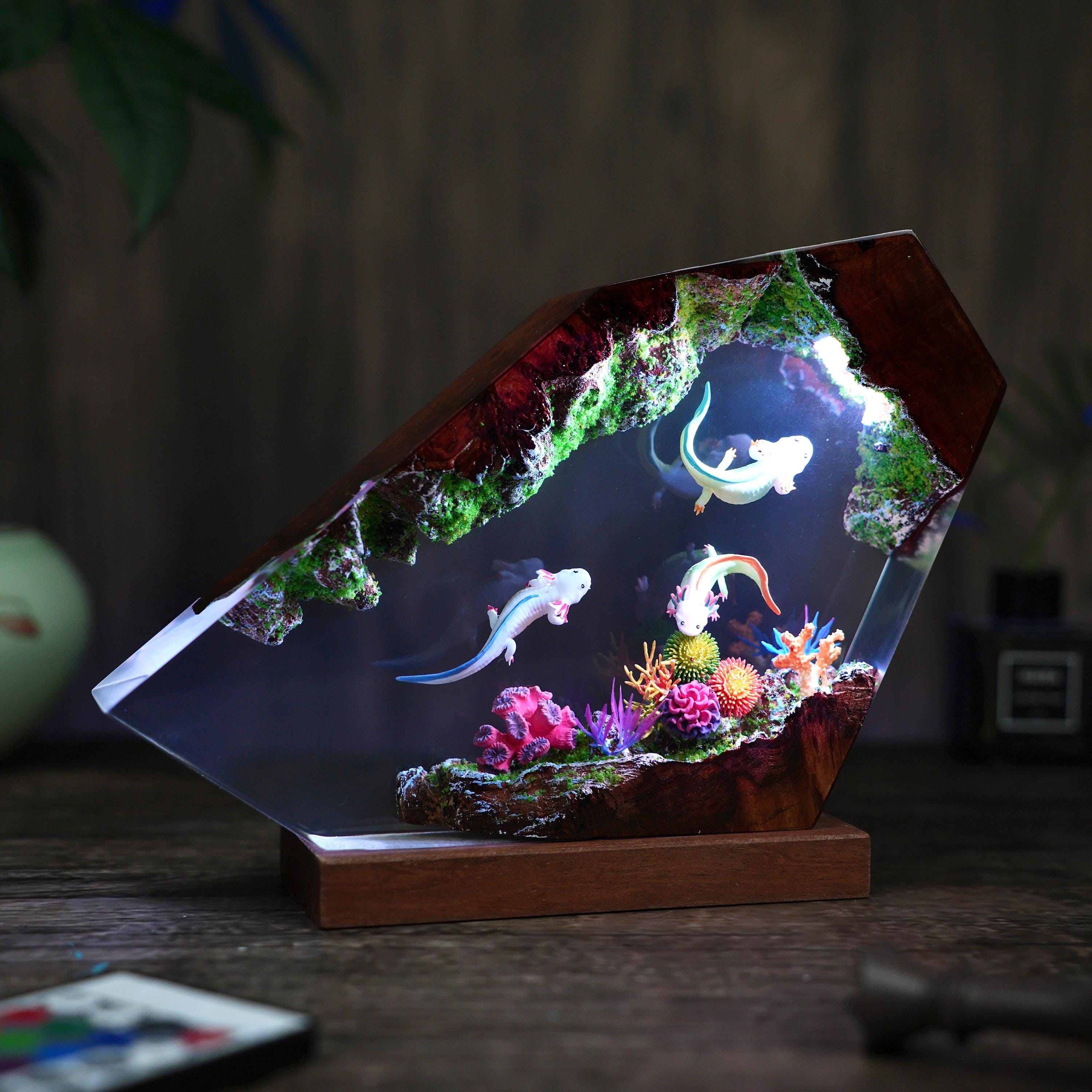 Axolotl Diorama Resin Lamp, Mexican Salamander Night Light, resin art lamp, Unique Christmas, desk lamp, gift for him, home decor