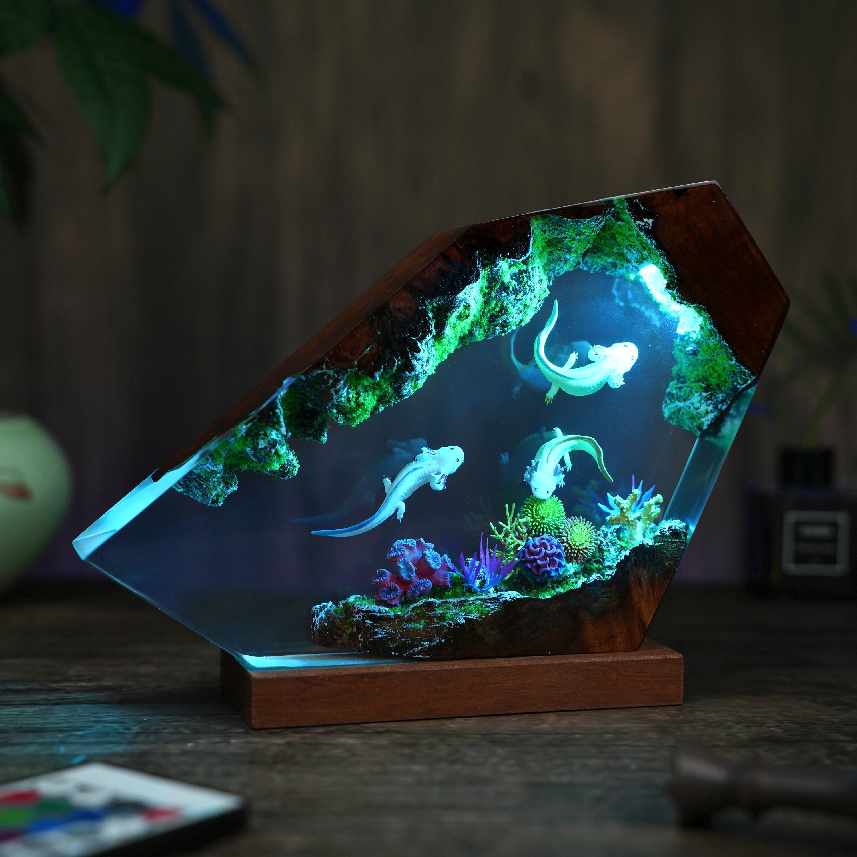 Axolotl Diorama Resin Lamp, Mexican Salamander Night Light, resin art lamp, Unique Christmas, desk lamp, gift for him, home decor