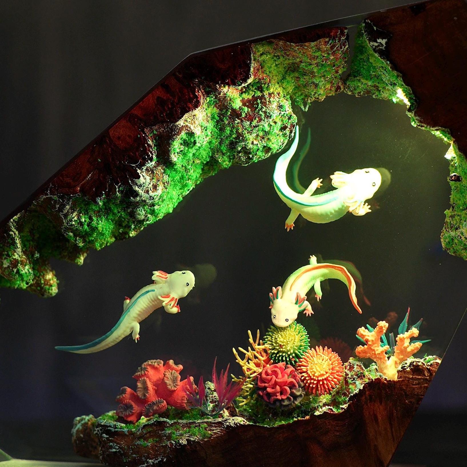 Axolotl Diorama Resin Lamp, Mexican Salamander Night Light, resin art lamp, Unique Christmas, desk lamp, gift for him, home decor