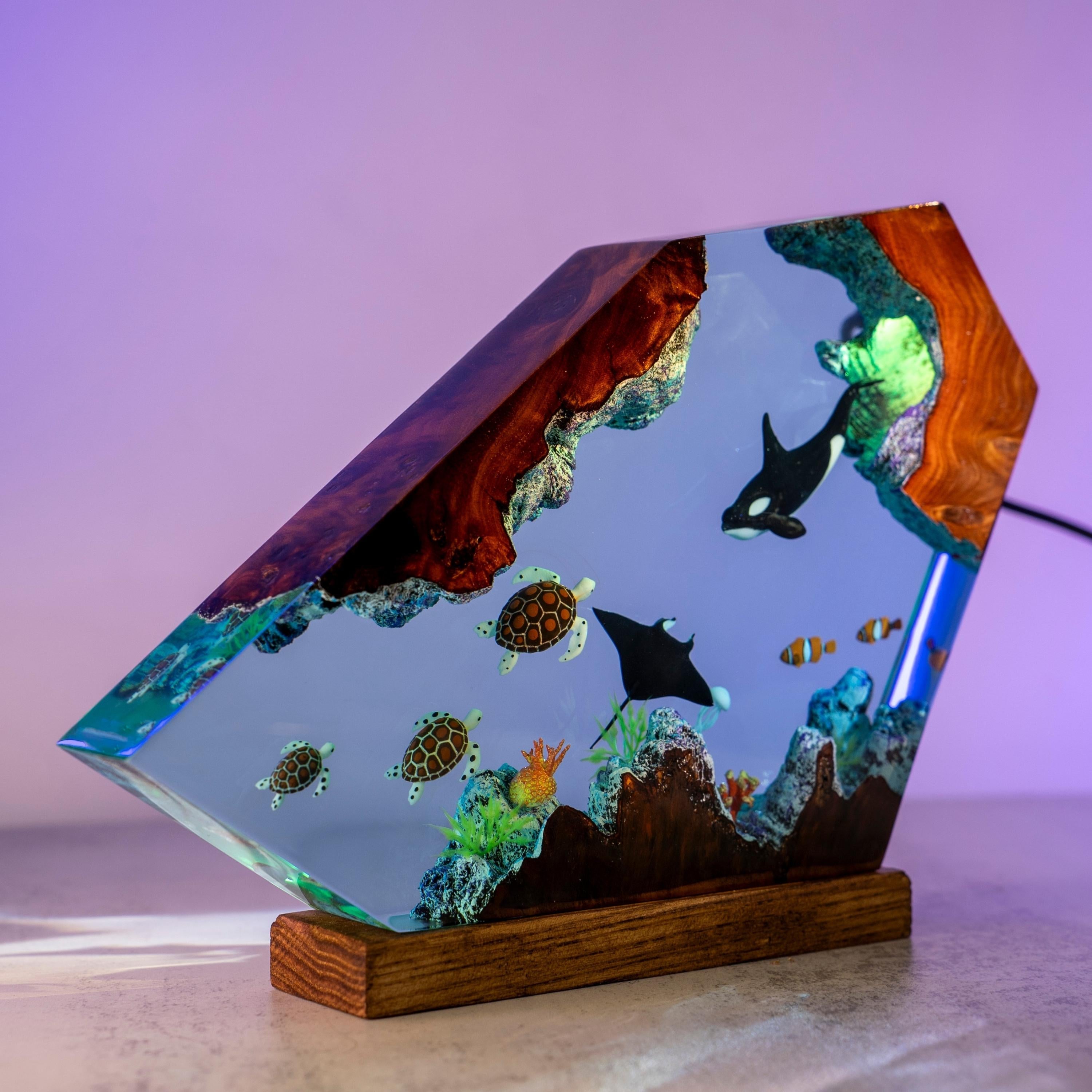 Killer whales and Turtle Resin Night Lights - Resin Ocean Lamp, gift for kid, home decor, custom night light, gift for dad