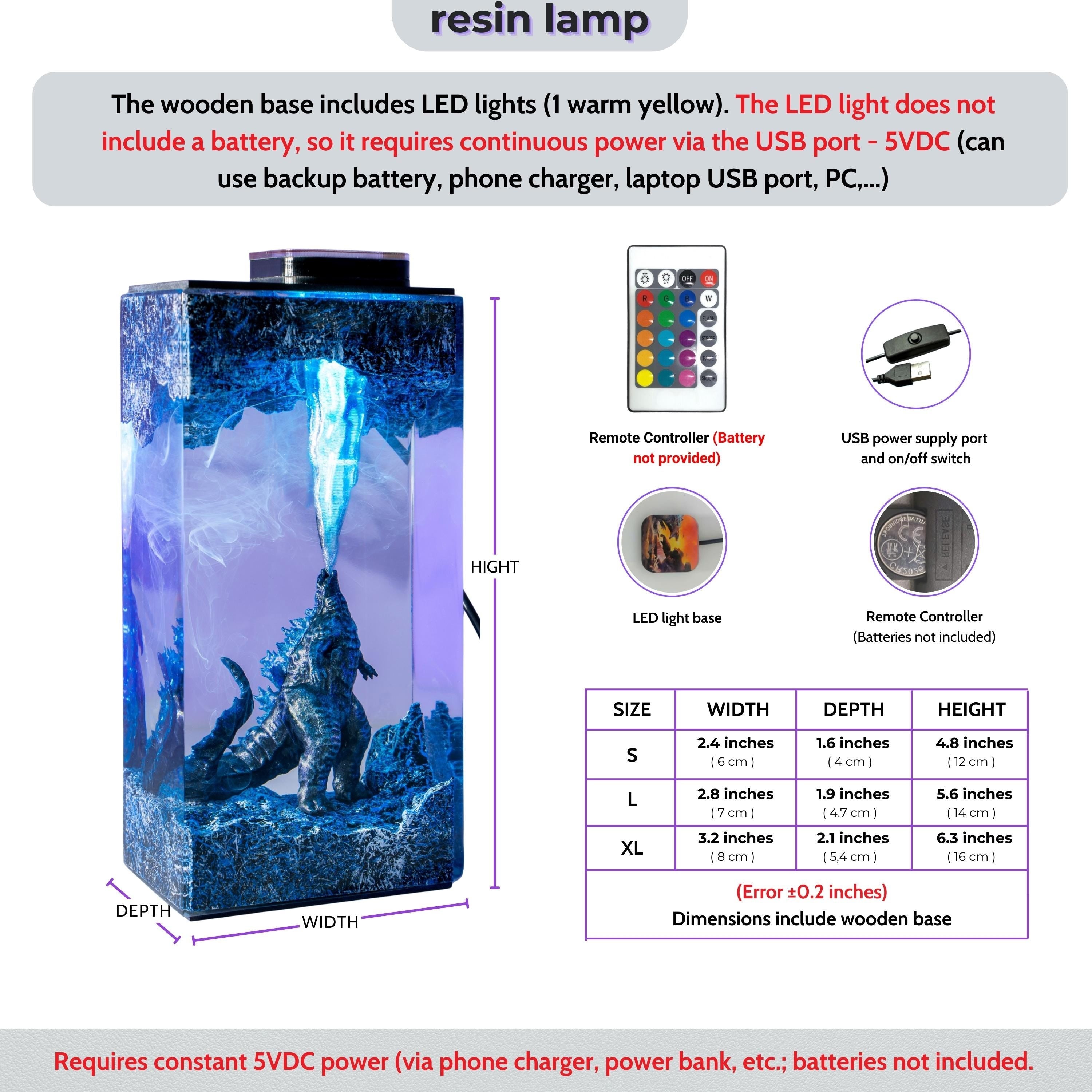 Godzilla Handmade decor Epoxy Lamp- diorama resin lamp, handmade gifts for him, home decoration, godzilla lamp, mother's day