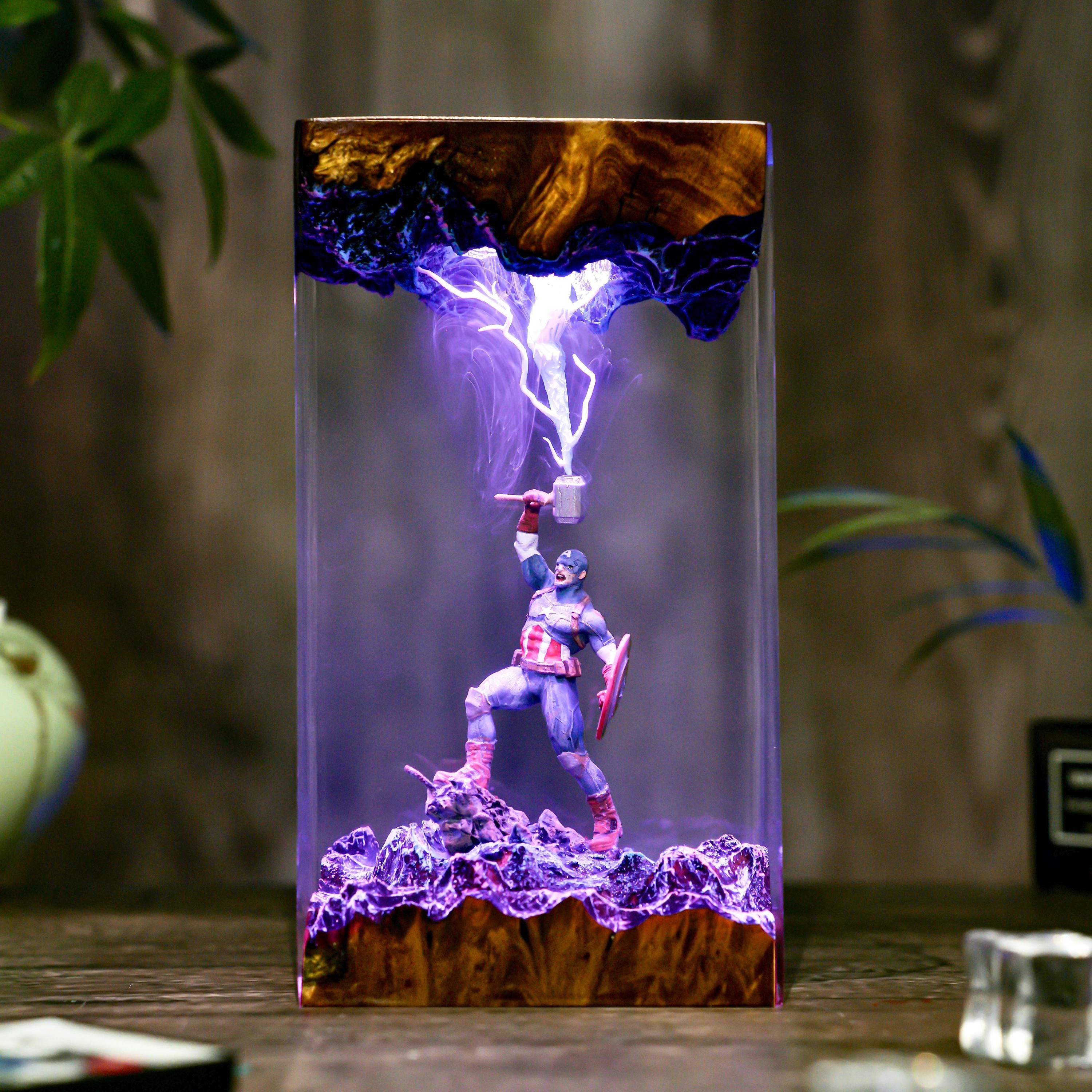 Captain resin wood lamp, Super Hero diorama lamp, thunder hammer Captain Night Light, Movie lamp, resin lamp Christmas gift for him