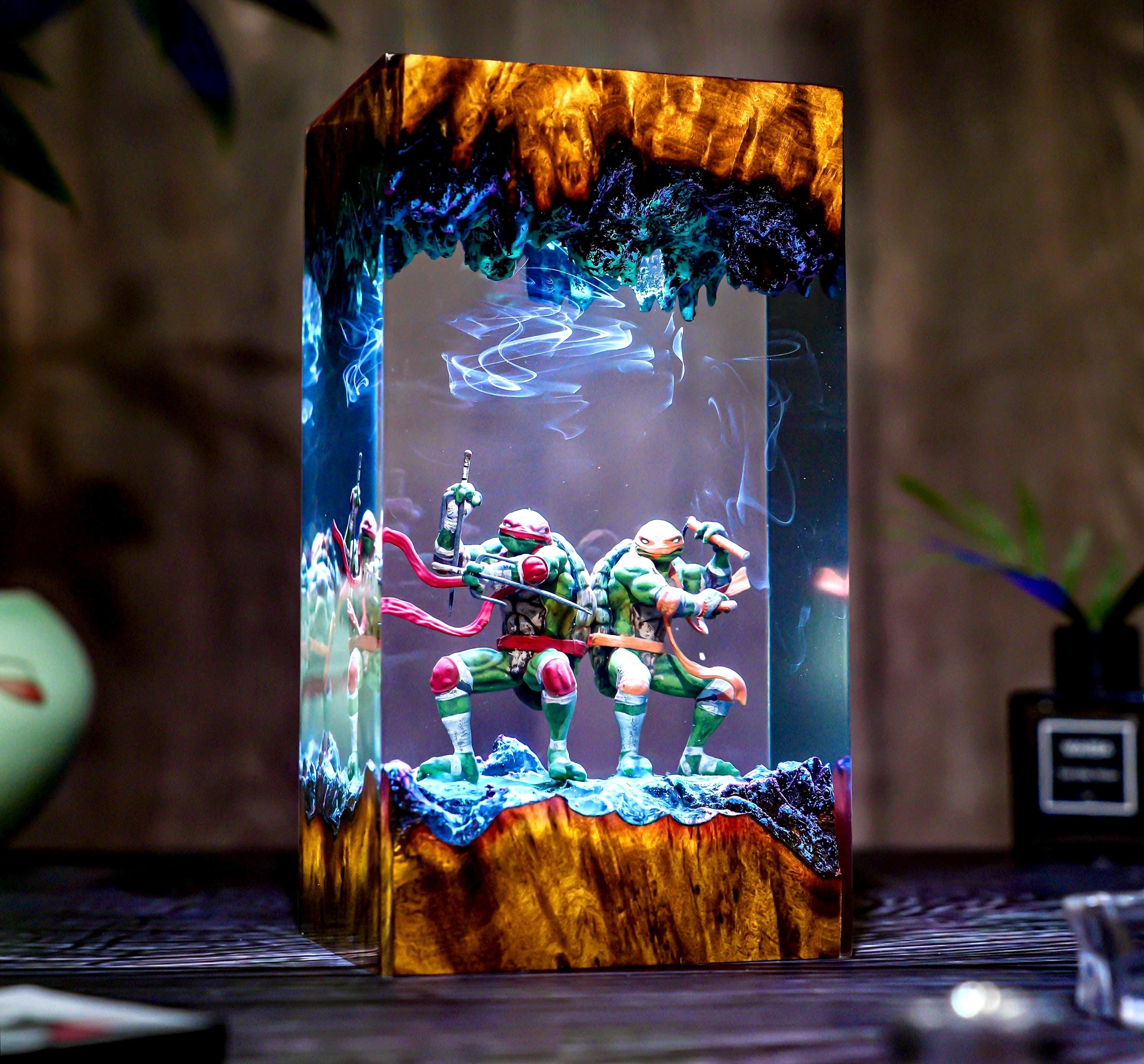 Warrior Turtle Lamp Diorama, Handmade Resin & Wood Night Light, Samurai Turtle Decor, Hero Sewer Lamp Gift, Christmas, gift for him