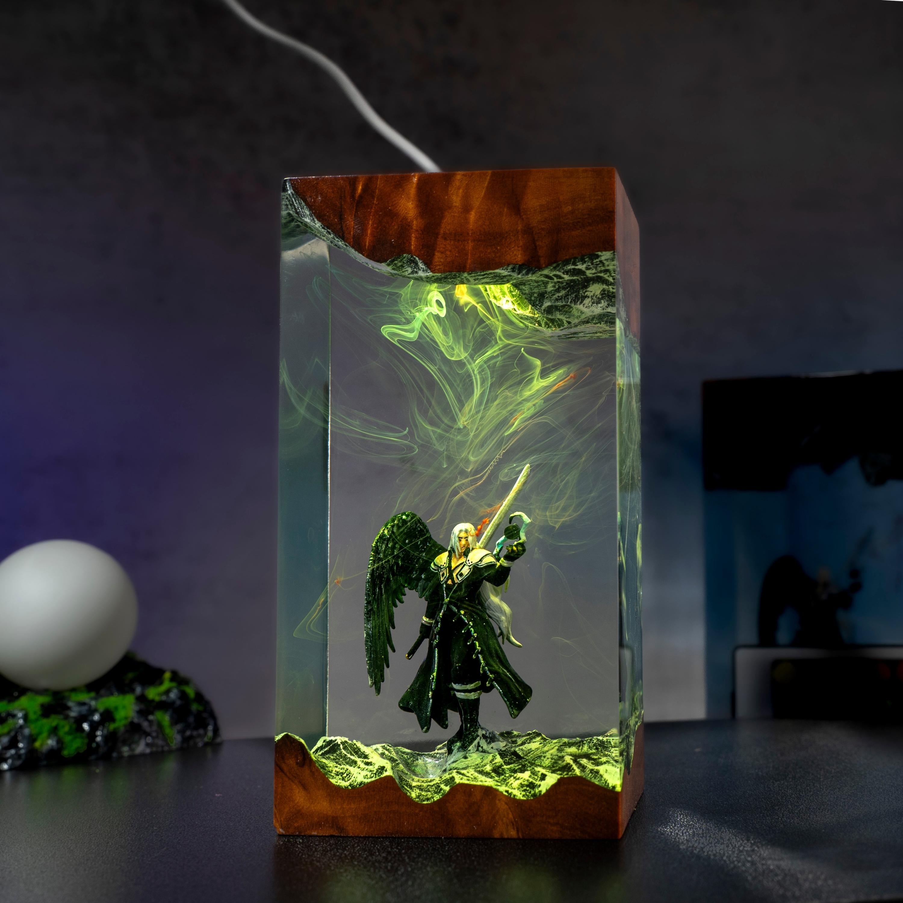 Custom Sephiroth and Cloud Resin Night Light, Epoxy Wood Night Lamp,  FF7 Collector Gift