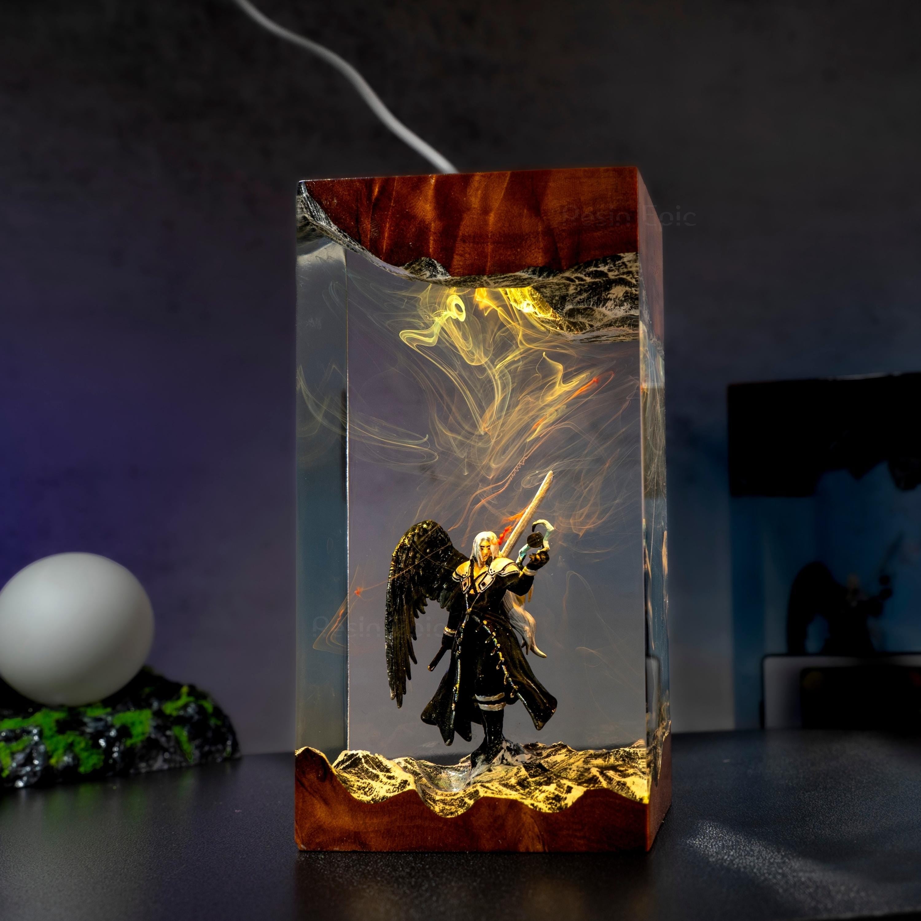 Custom Sephiroth and Cloud Resin Night Light, Epoxy Wood Night Lamp,  FF7 Collector Gift